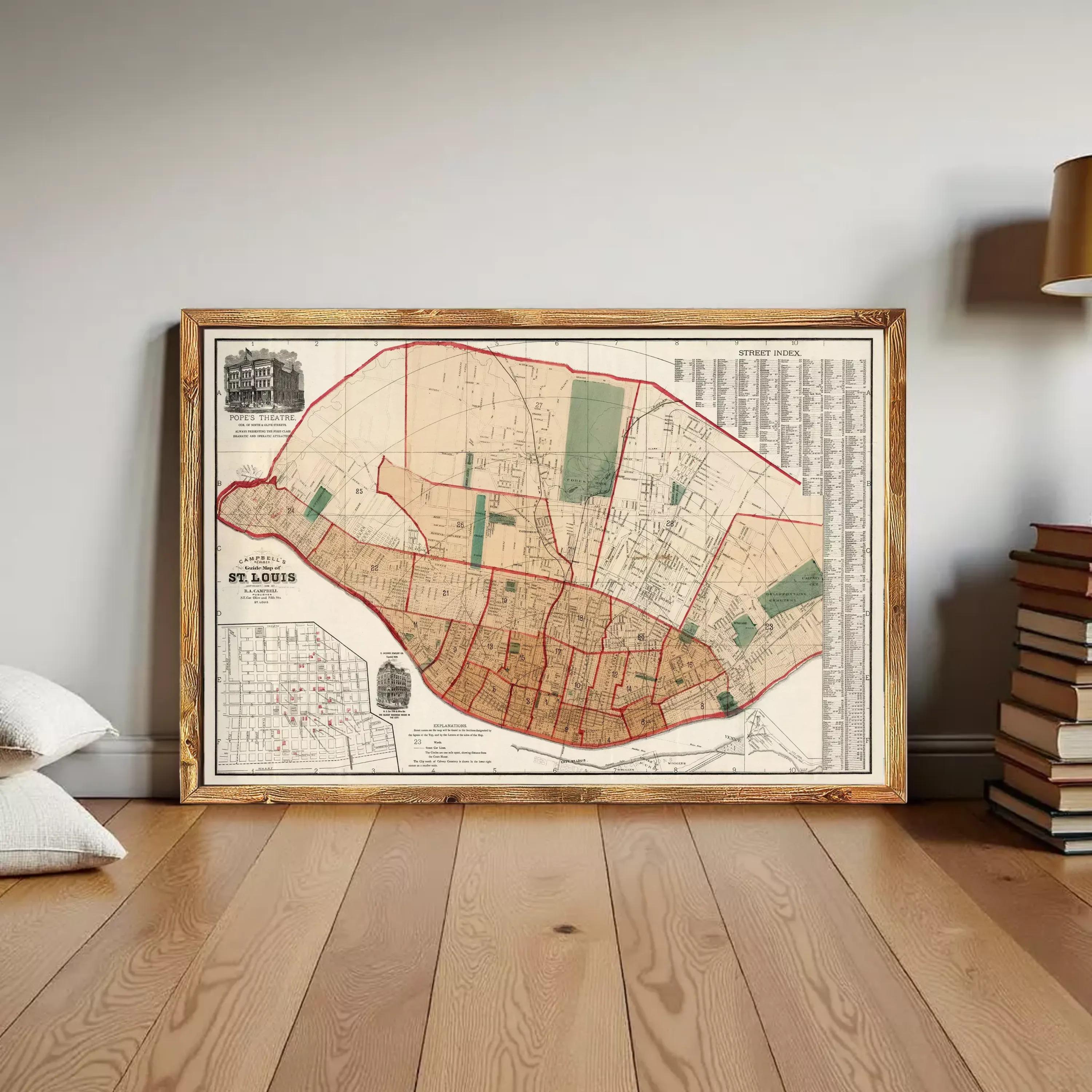 The image is a framed map of St. Louis, Missouri, dated 1873.