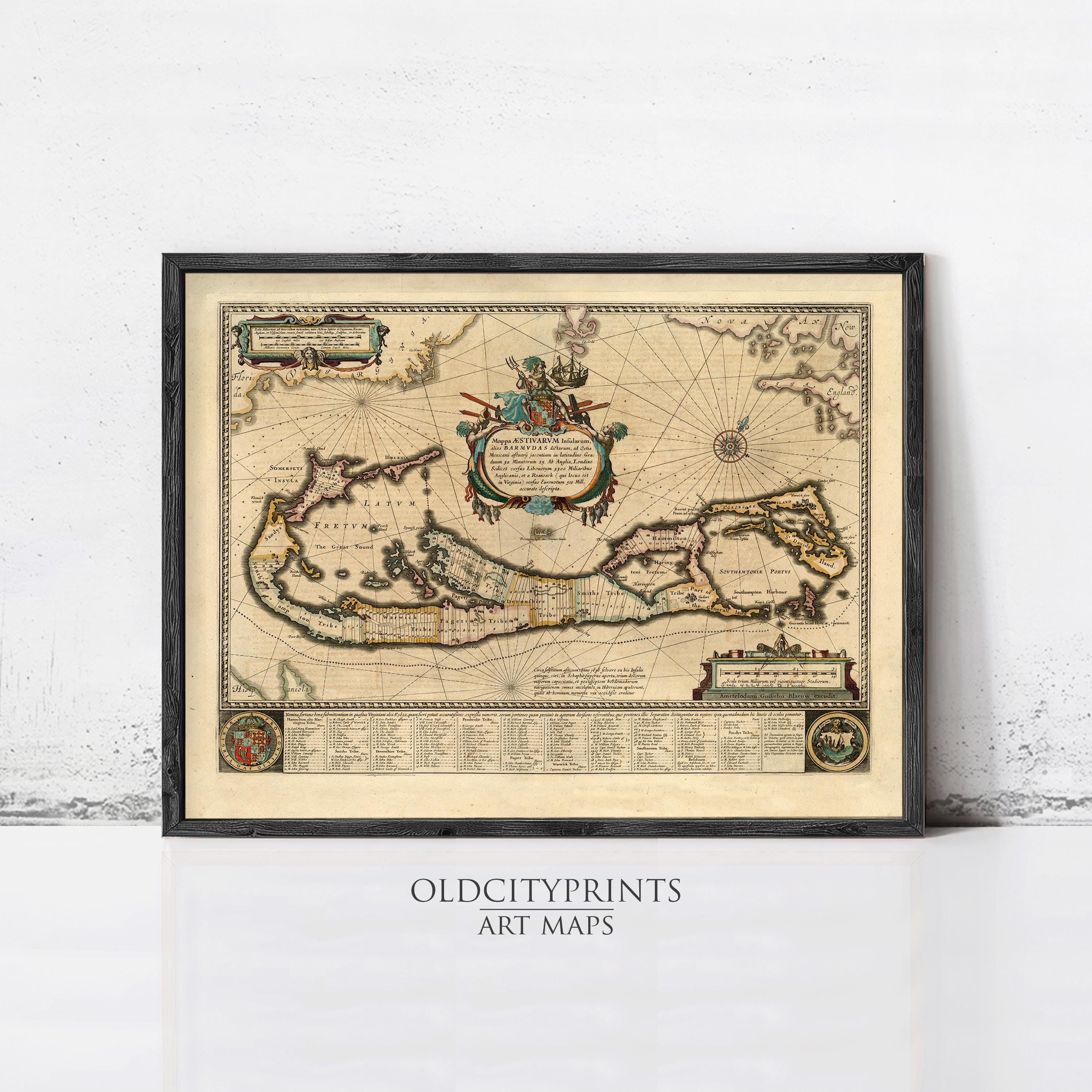 The image is a framed antique map of the Caribbean, featuring intricate details and a decorative border.