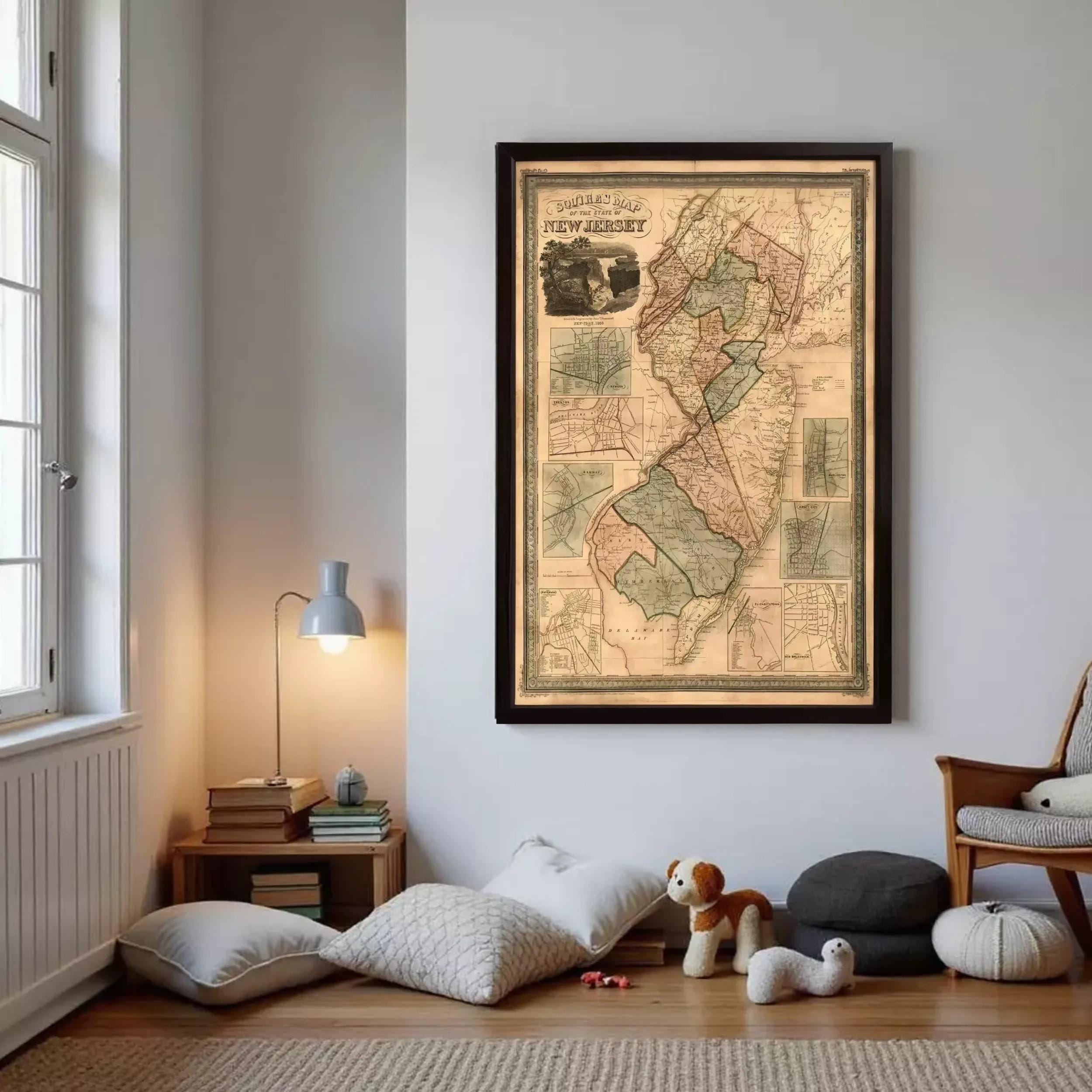 a framed map of New Jersey hanging on a wall in a cozy living room setting.