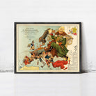 The image is a framed vintage poster depicting a map of Europe with a large figure of a man in a green uniform and hat, surrounded by various other figures, including a map of Europe.
