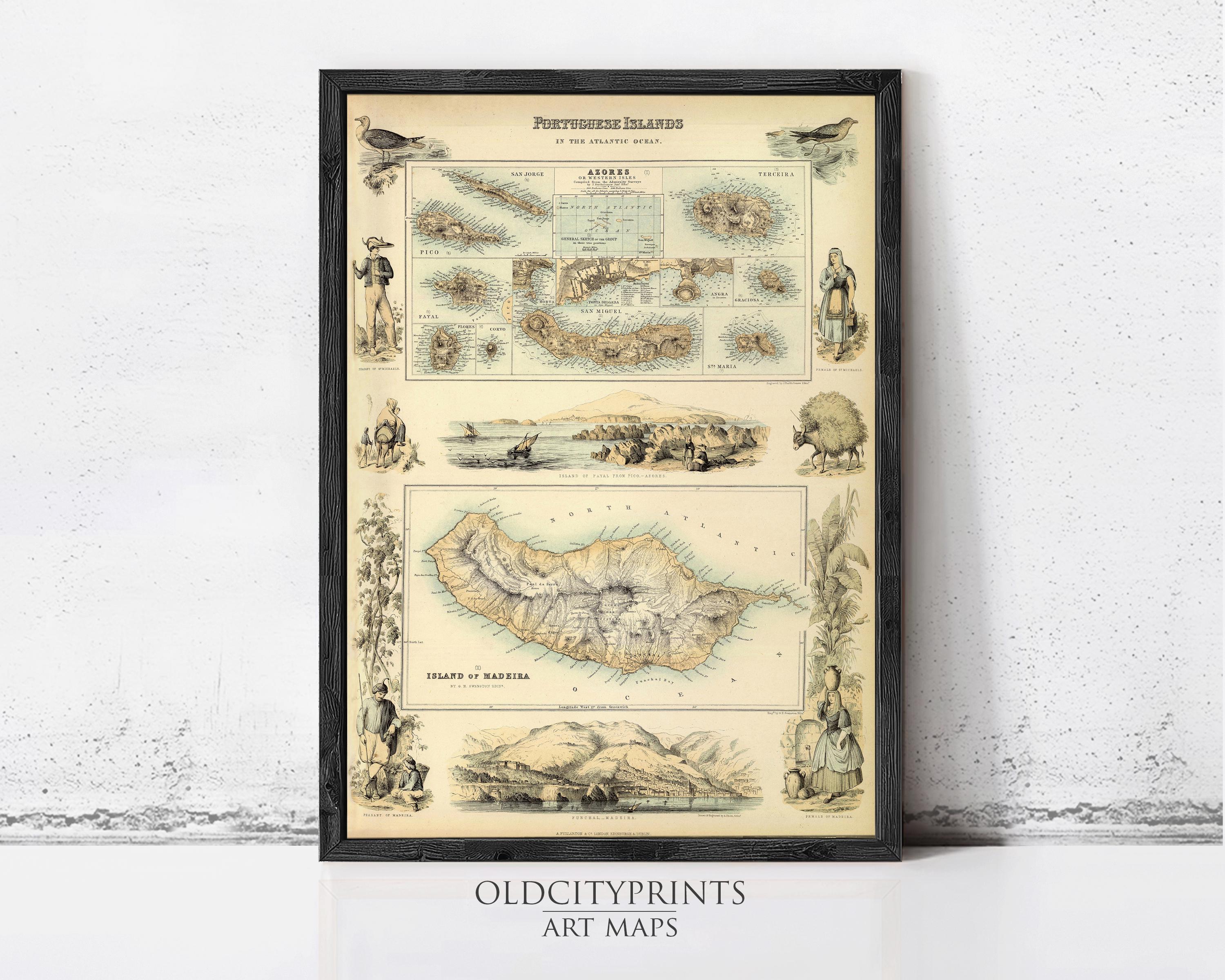 The image is a framed vintage map of the Portuguese islands, featuring various illustrations and labels.