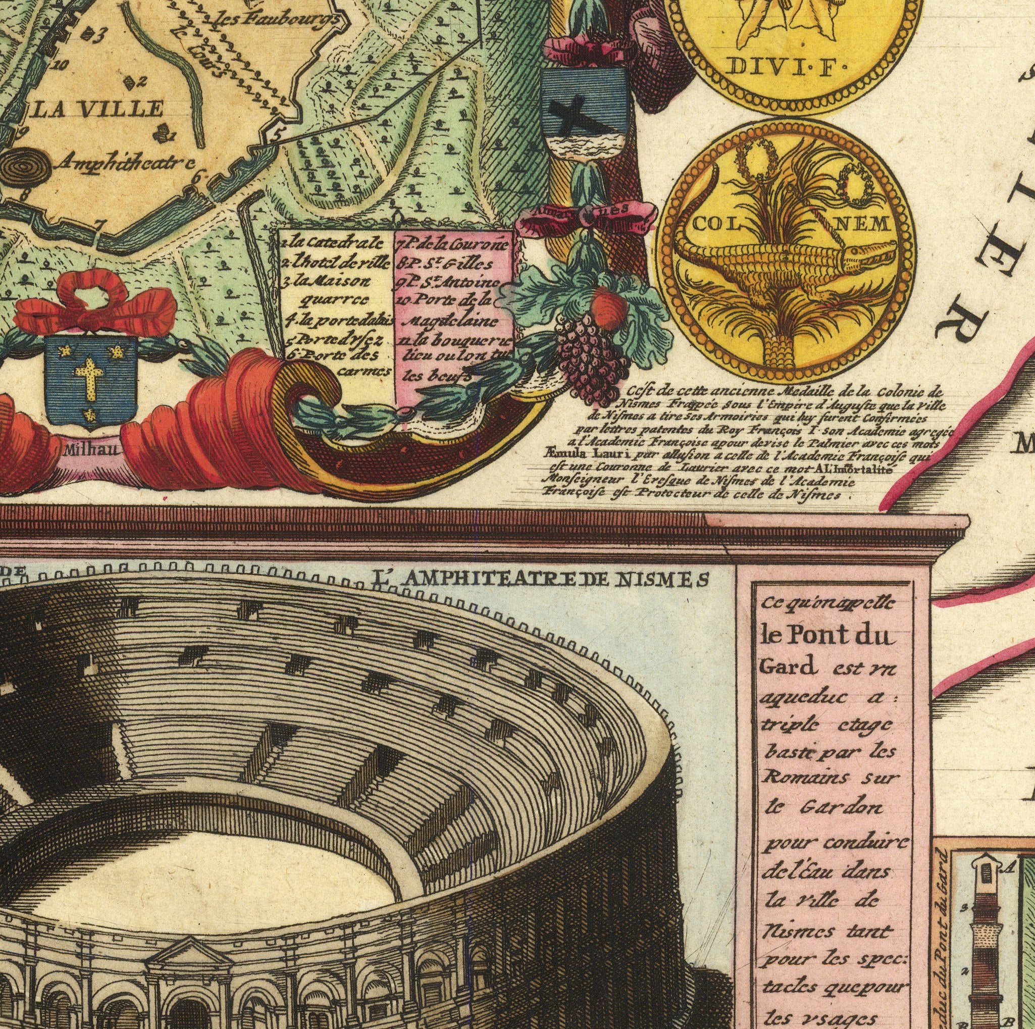The image is a detailed illustration of the Colosseum, featuring various elements such as a map, coins, and text.