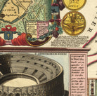 The image is a detailed illustration of the Colosseum, featuring various elements such as a map, coins, and text.