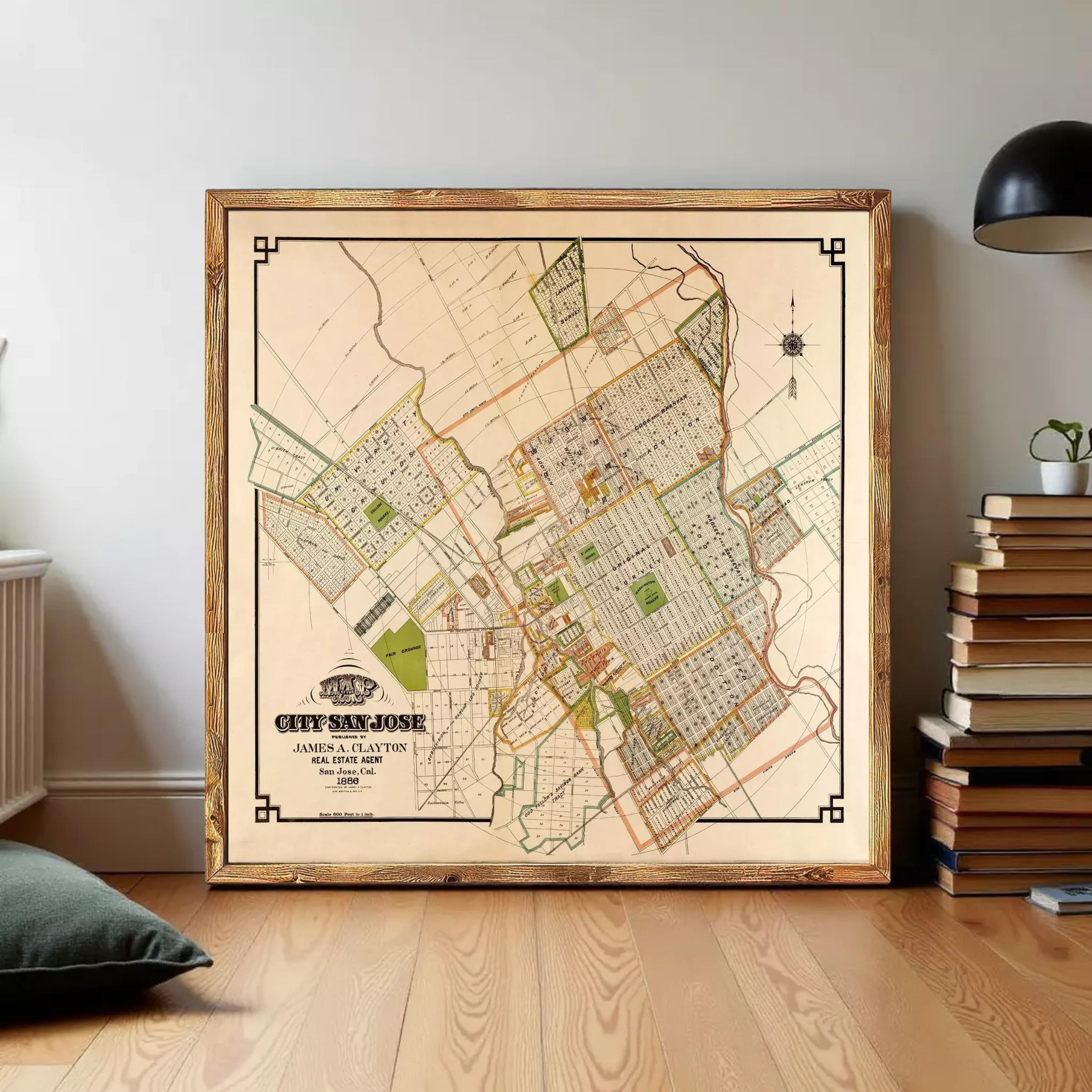 The image is a framed map of San Jose, California, depicting the city's layout and surrounding areas.