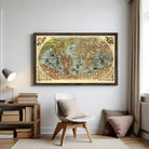 The image is a framed vintage map of the world, depicting various regions and countries with detailed cartography.