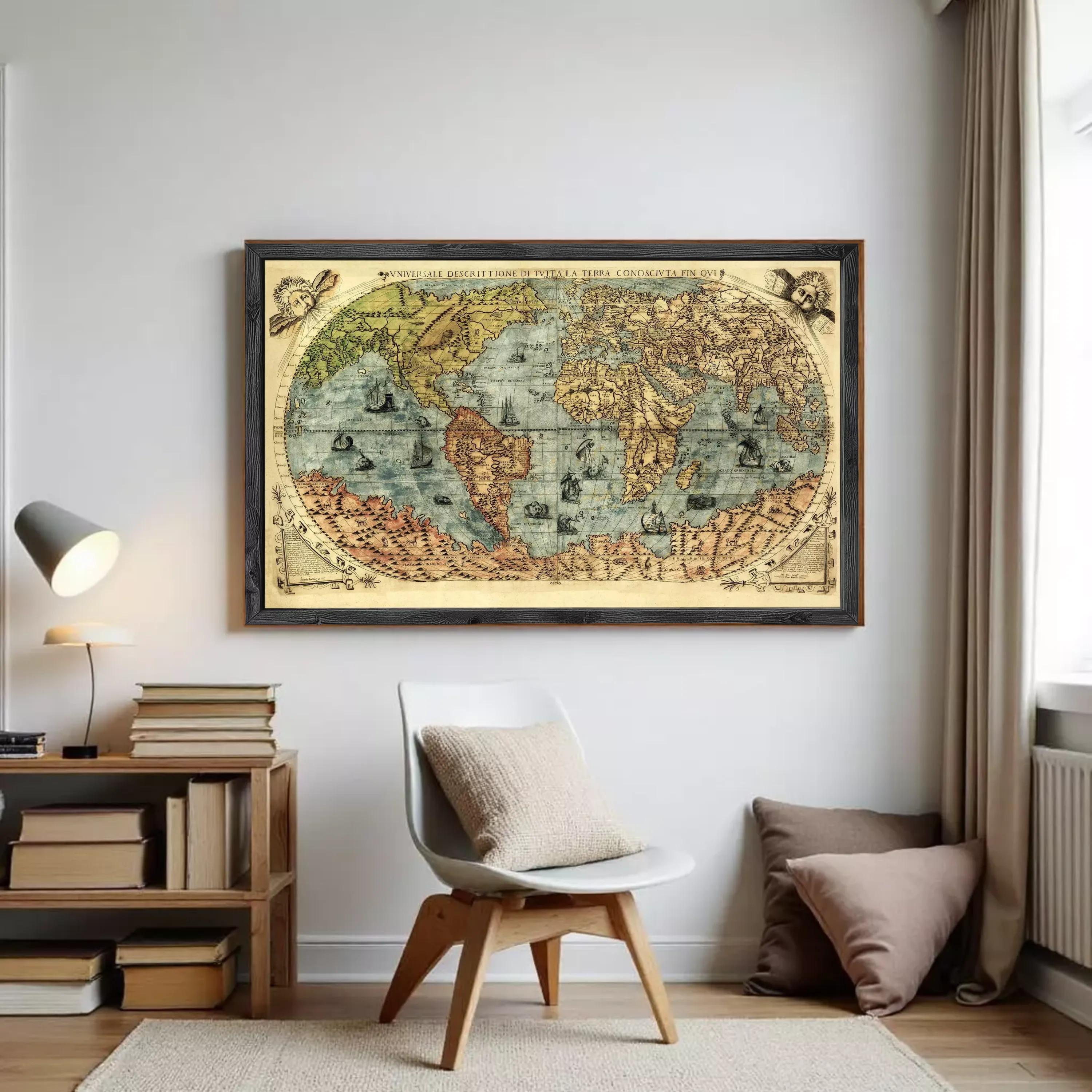 The image is a framed vintage map of the world, depicting various regions and countries with detailed cartography.