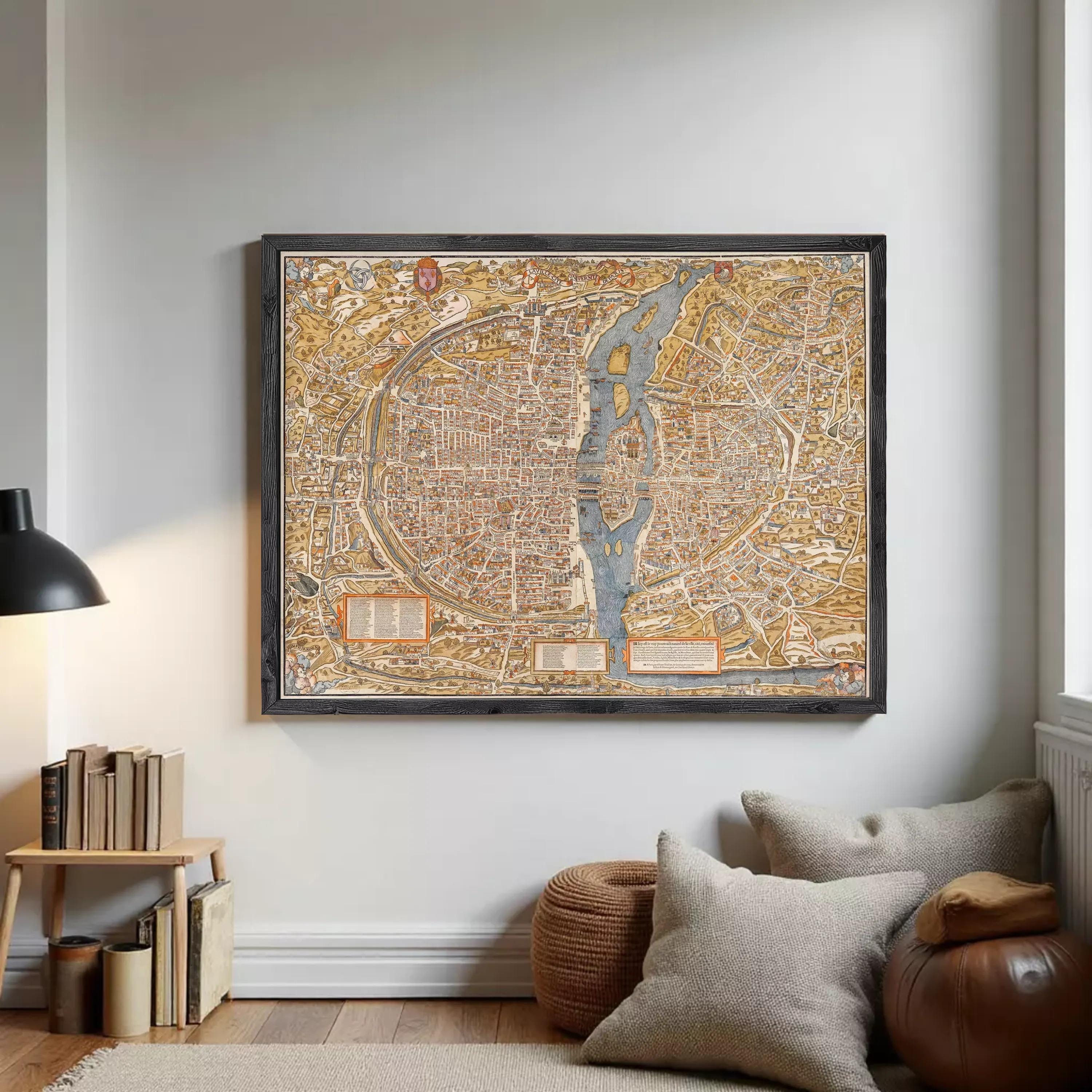 The image is a framed vintage map of Paris, France, depicting the city's layout and surrounding areas.