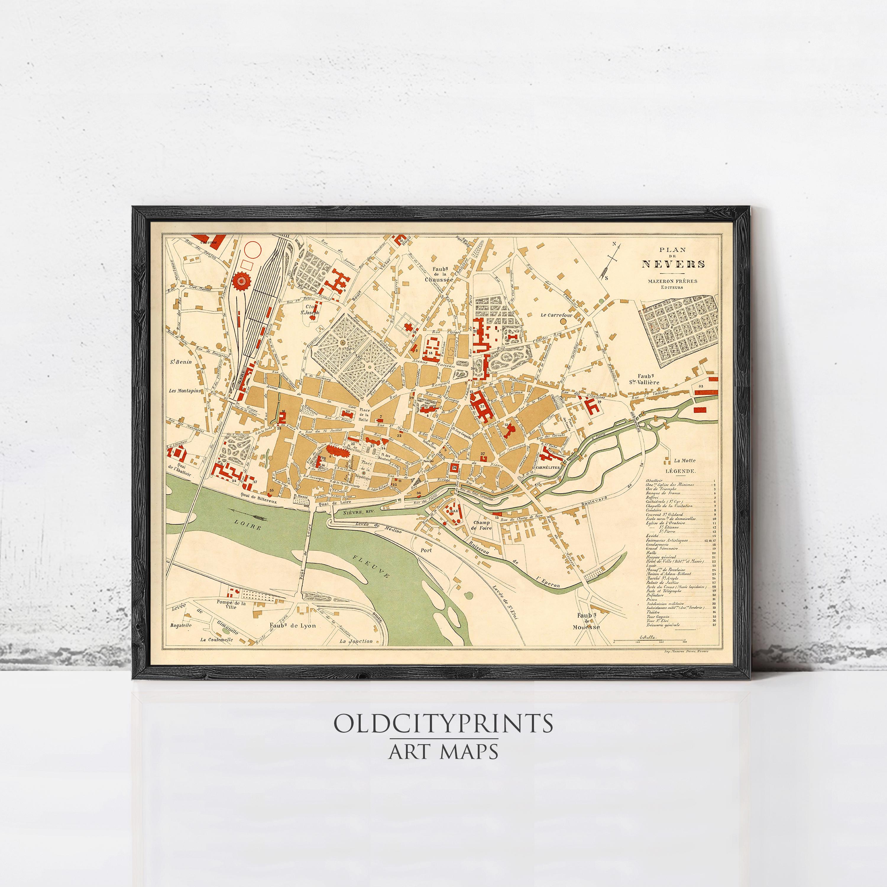 The image is a framed vintage map of a city, likely from the 19th century, with various landmarks and streets depicted in a detailed manner.