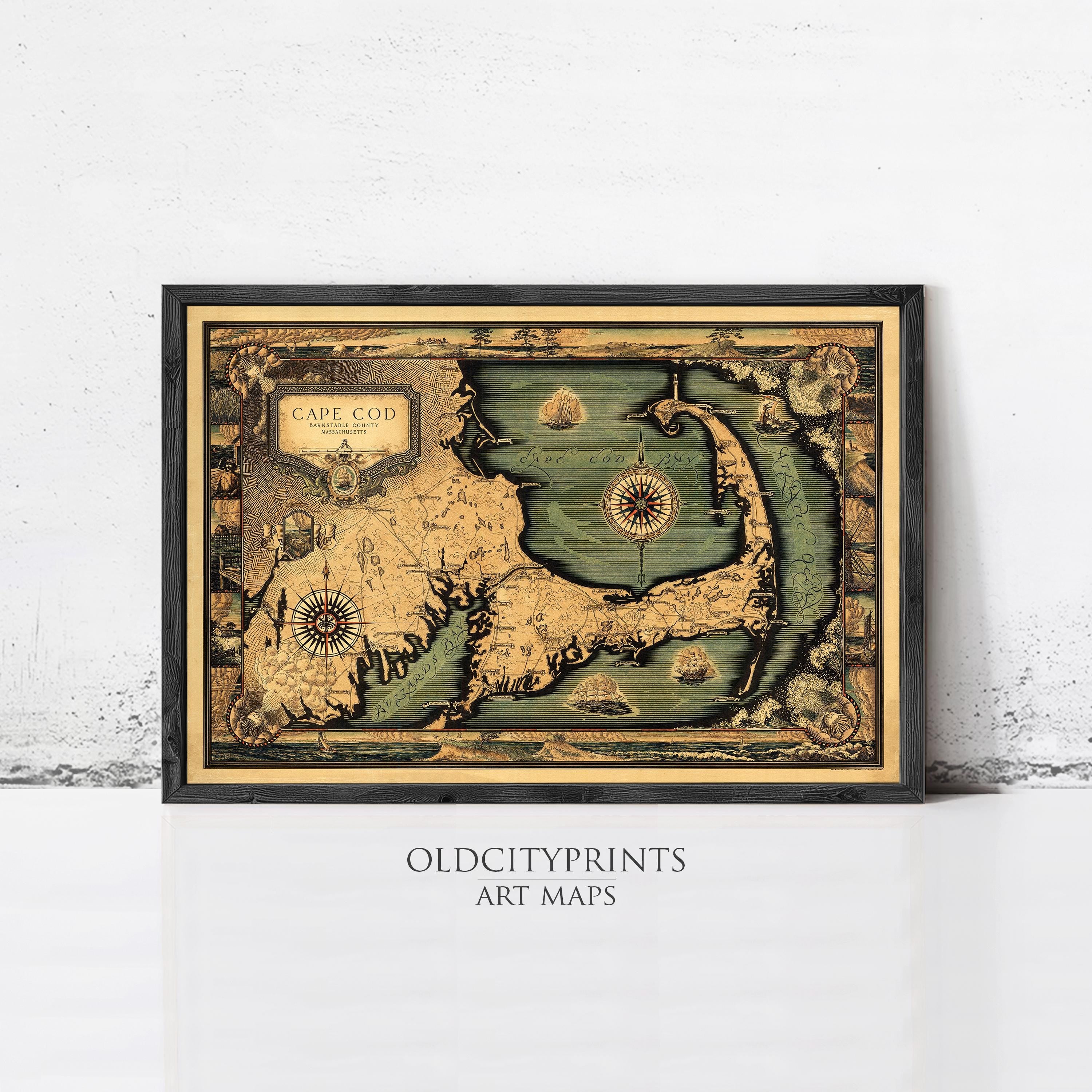 The image is a framed antique map of Cape Cod, Massachusetts, depicting the coastline and surrounding areas in a vintage style.