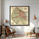 The image is a framed vintage map of Buenos Aires, Argentina, depicting the city's streets, neighborhoods, and surrounding areas.
