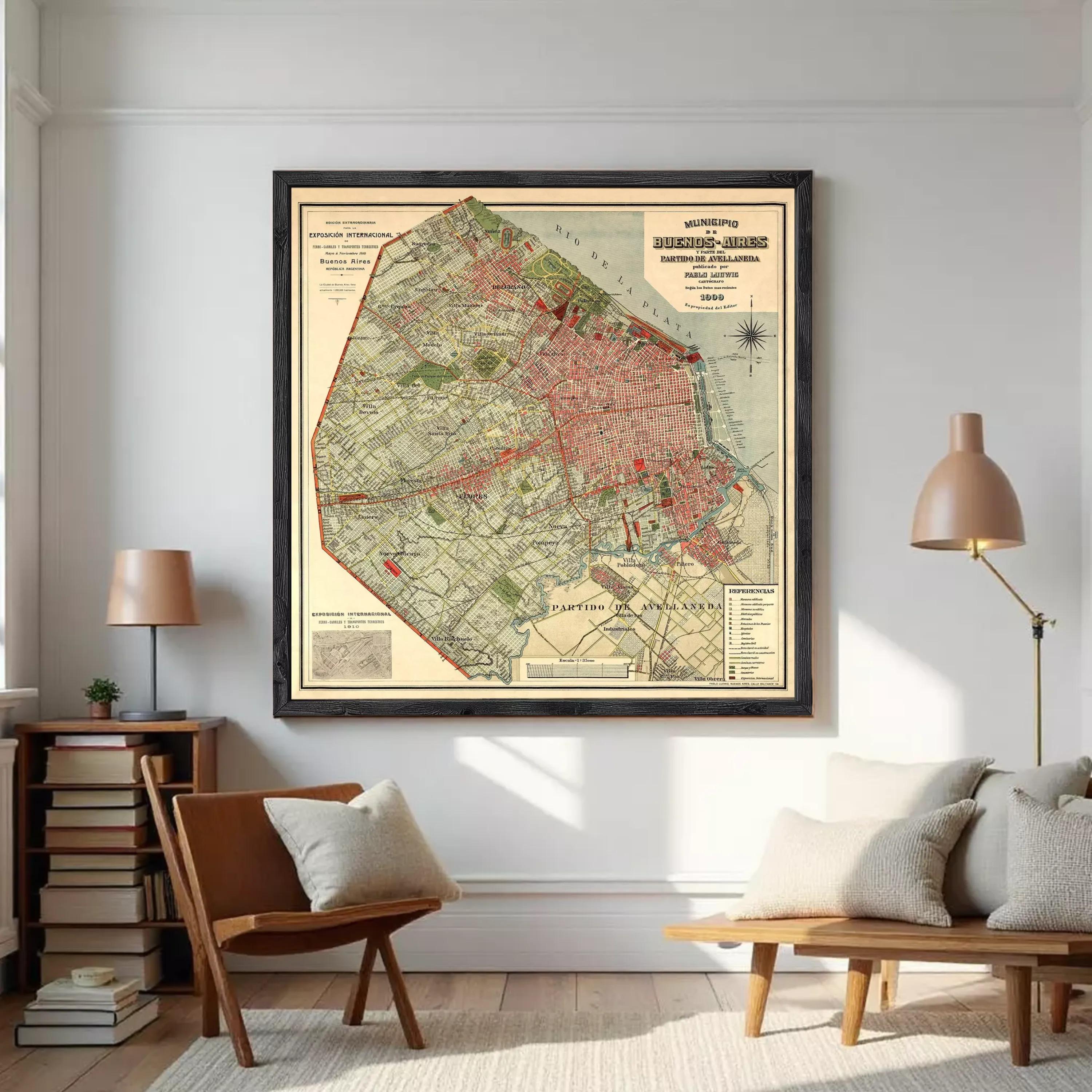 The image is a framed vintage map of Buenos Aires, Argentina, depicting the city's streets, neighborhoods, and surrounding areas.