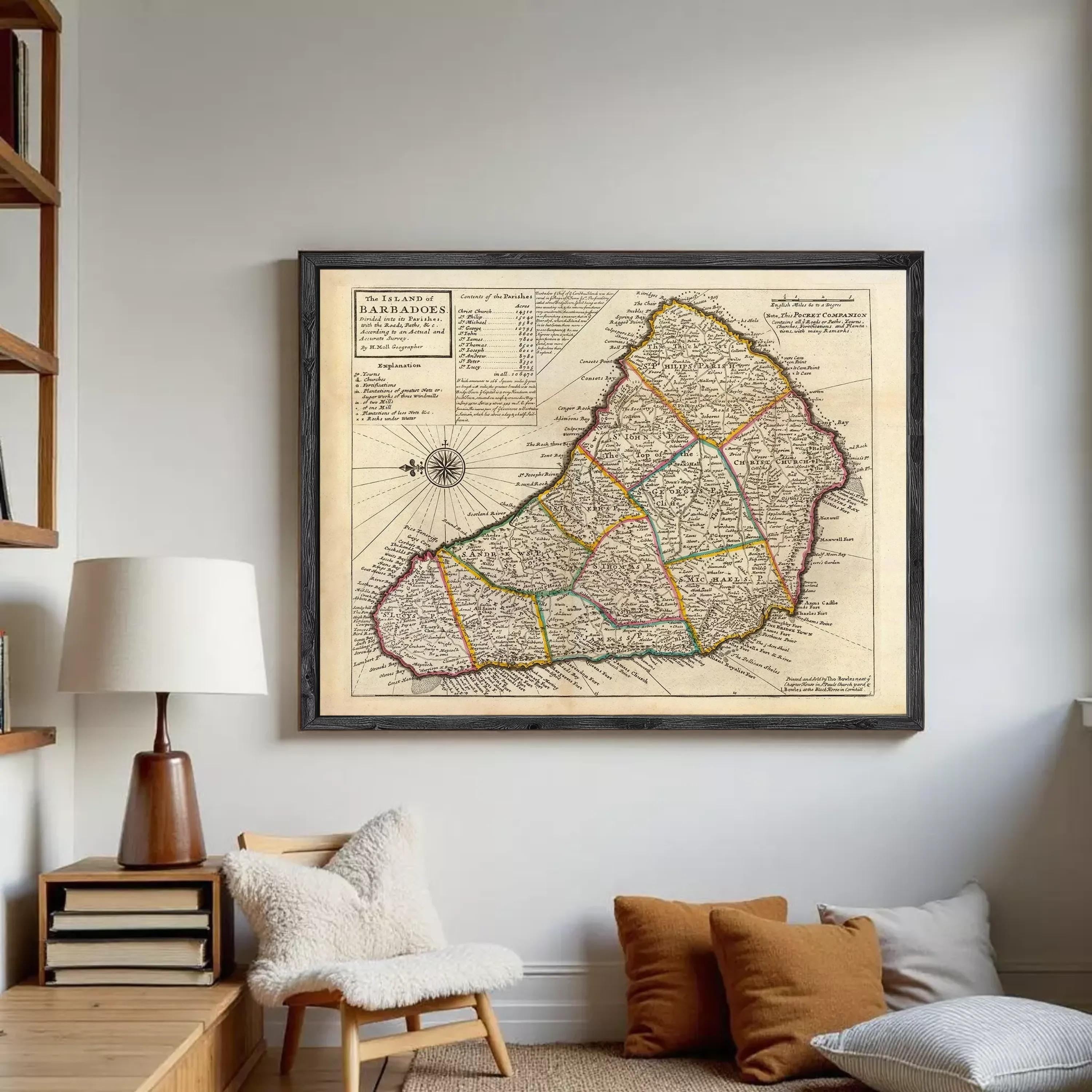 The image is a framed vintage map of the island of Barbados, showing the various geographical features and locations of the island.
