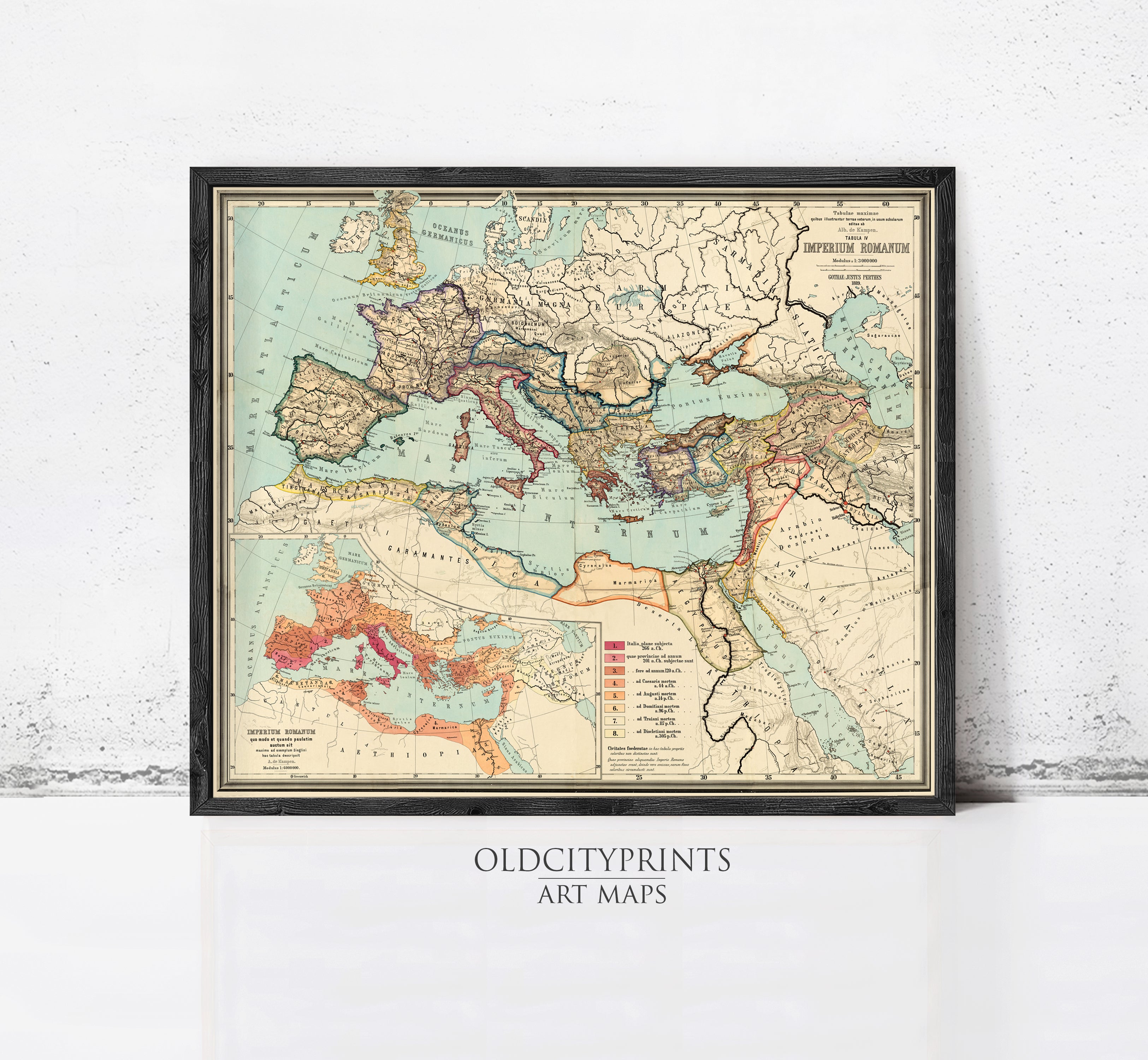 The image is a framed vintage map of Europe and the Middle East, depicting the Roman Empire and the Ottoman Empire.