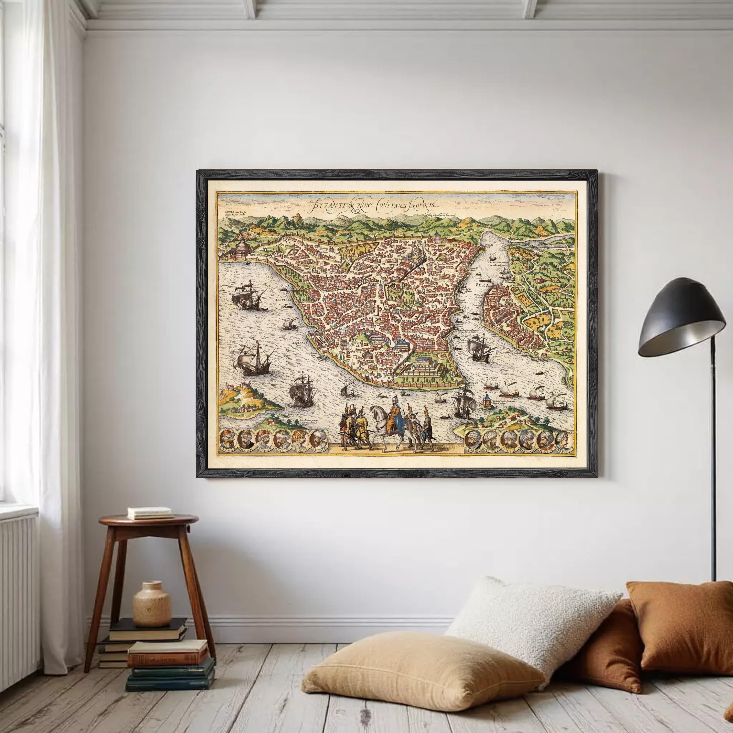 The image is a framed vintage map of a city, depicting a detailed and colorful representation of the city's layout, including waterways, buildings, and ships.