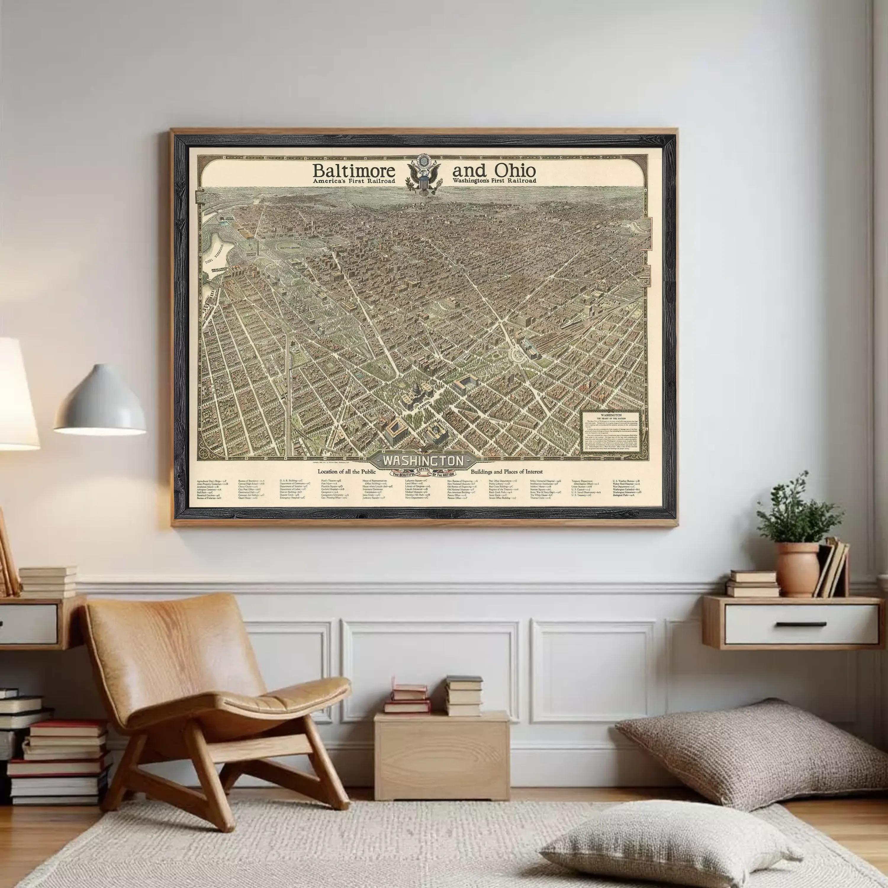 The image is a framed map of Baltimore and Ohio, depicting the city's streets and surrounding areas.