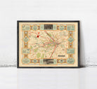 The image is a framed vintage map of London, featuring various landmarks and transportation routes.