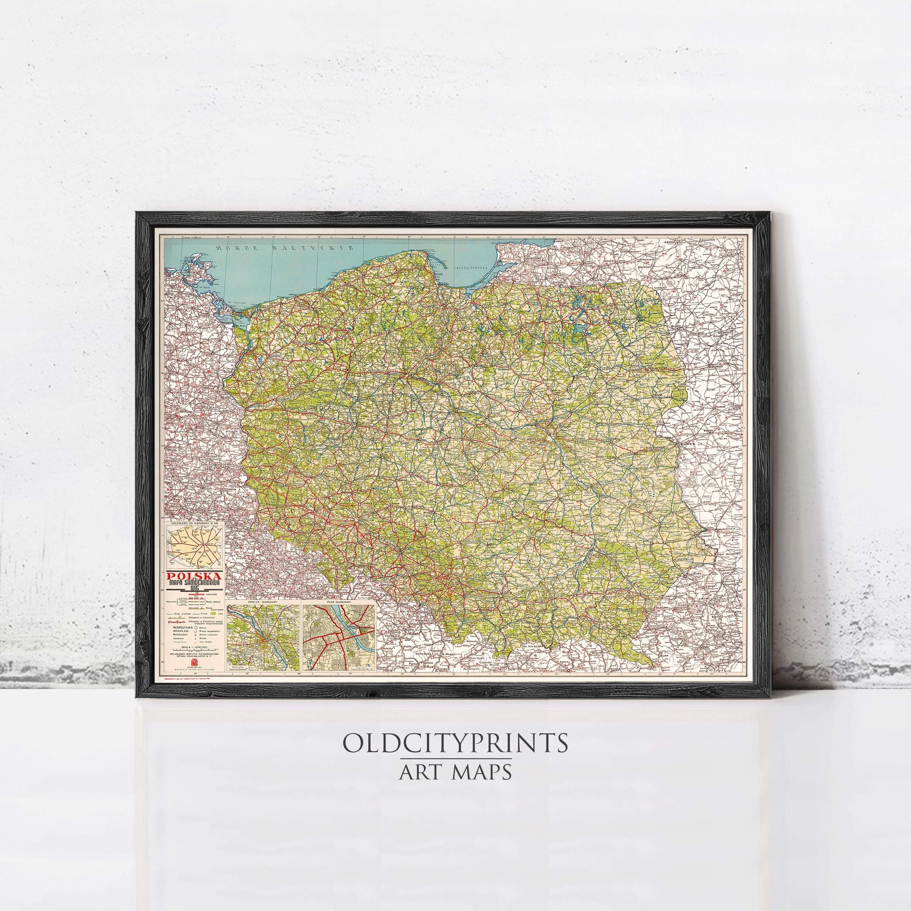 The image is a framed map of Poland, which is an art print from Oldcityprints.
