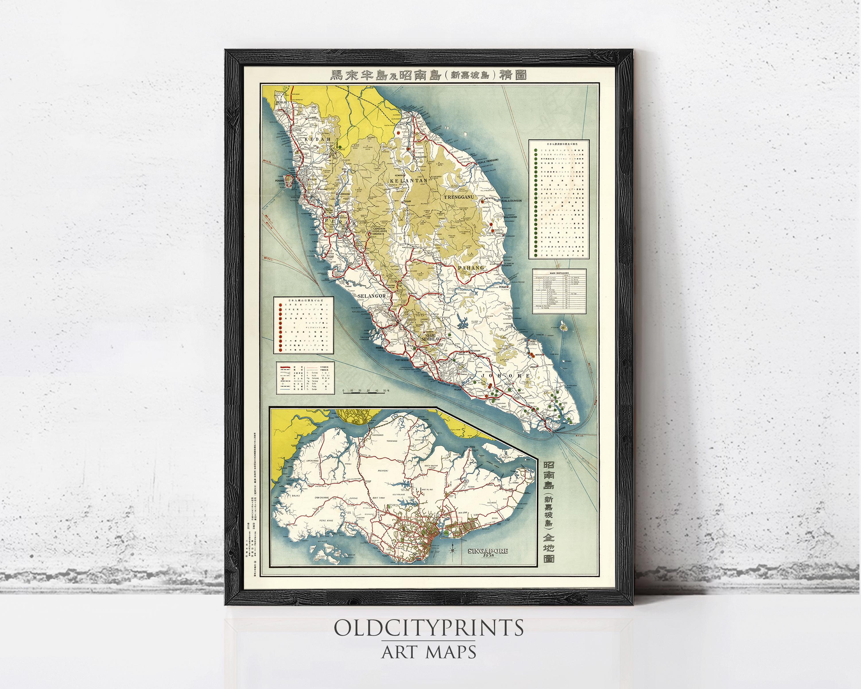 The image is a framed vintage map of Malaysia and Singapore, featuring detailed road networks and geographical information.