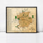 A framed map of the city of Fort Wayne, with a focus on the downtown area.