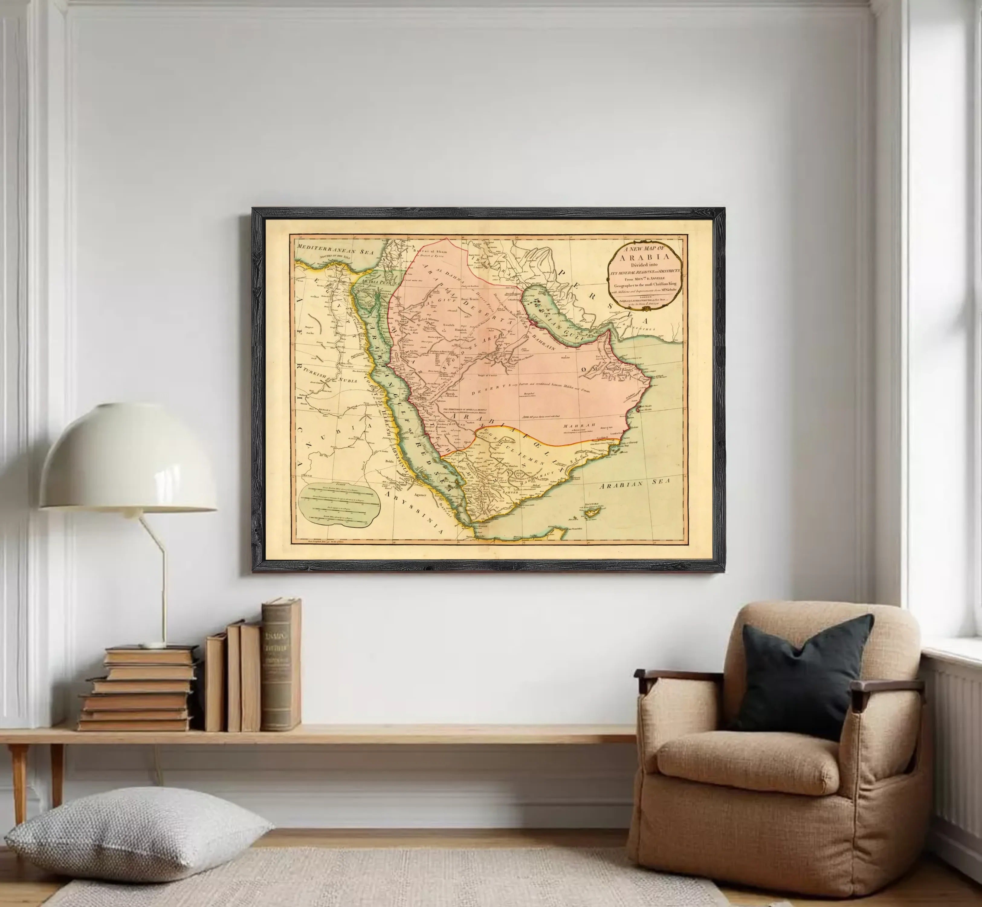 The image is a framed vintage map of the Middle East and North Africa region, depicting the countries and their borders.