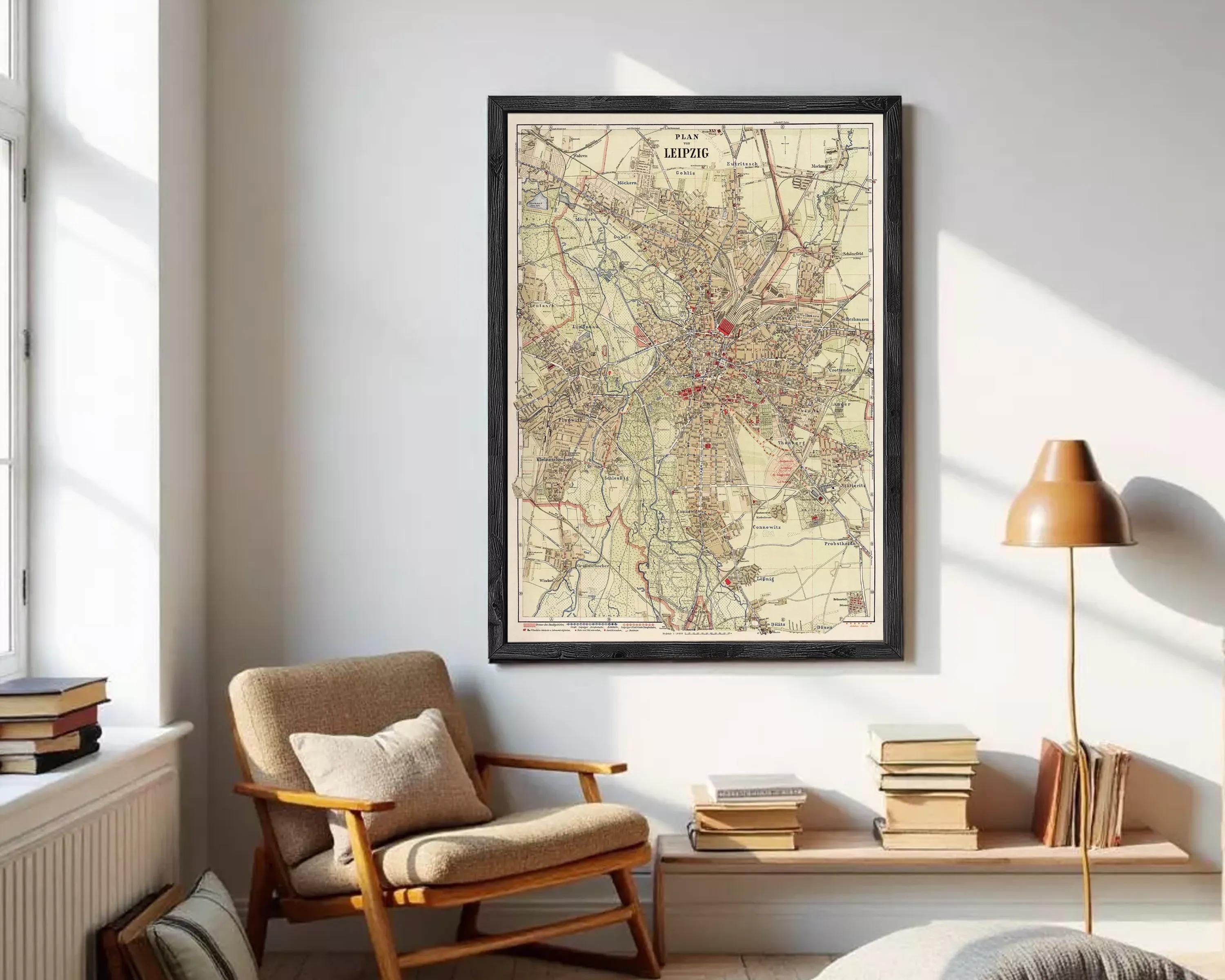 The image is a framed vintage map of Leipzig, Germany, depicting the city's layout and surrounding areas.