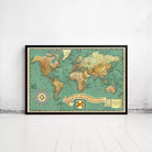 The image is a framed vintage world map with a compass rose and a banner that reads "Crusades for pleasure Mediterranean and oriental cruises around the world to the west".