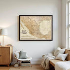 The image is a framed vintage map of Mexico, showing the country's geographical layout and major cities.
