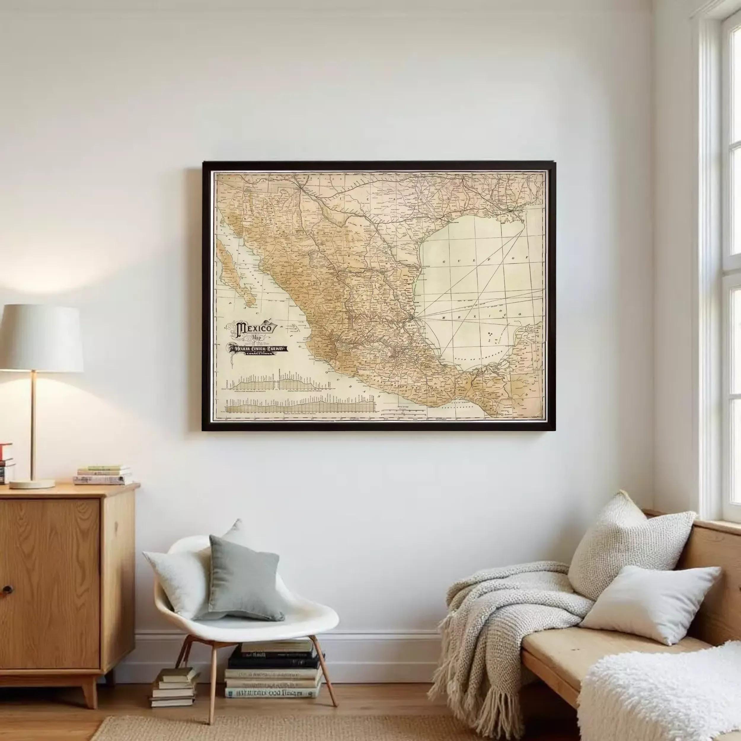 The image is a framed vintage map of Mexico, showing the country's geographical layout and major cities.