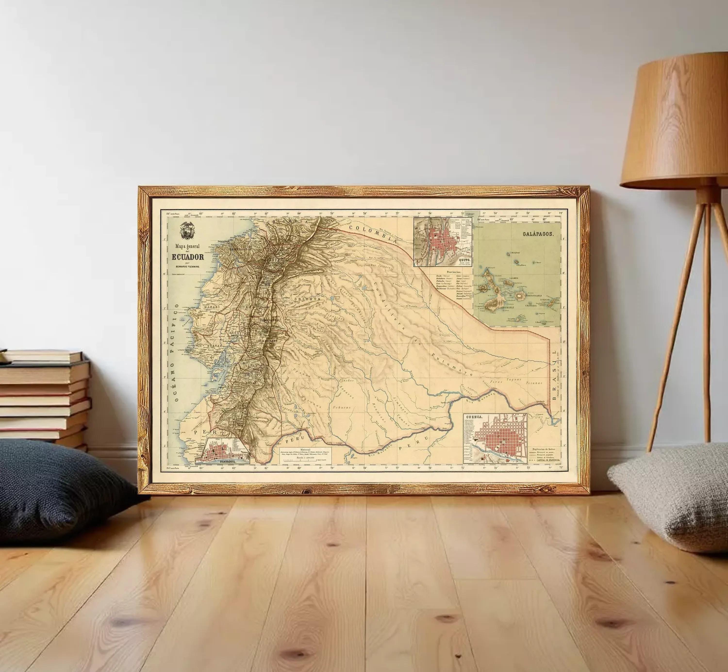 The image is a framed vintage map of South America, specifically the Andes mountain range, with a wooden frame.