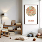 a cozy living room with a wooden bookshelf, a rocking chair, and a framed map of Geneva hanging on the wall.