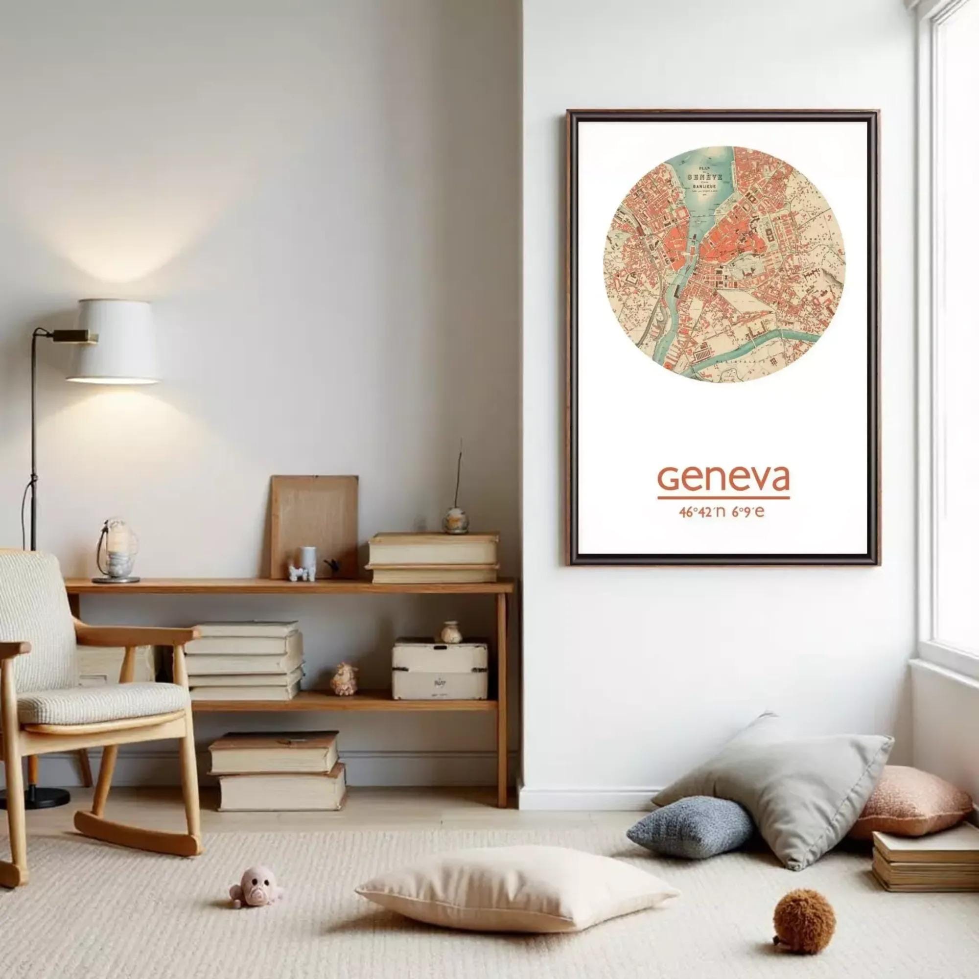 a cozy living room with a wooden bookshelf, a rocking chair, and a framed map of Geneva hanging on the wall.
