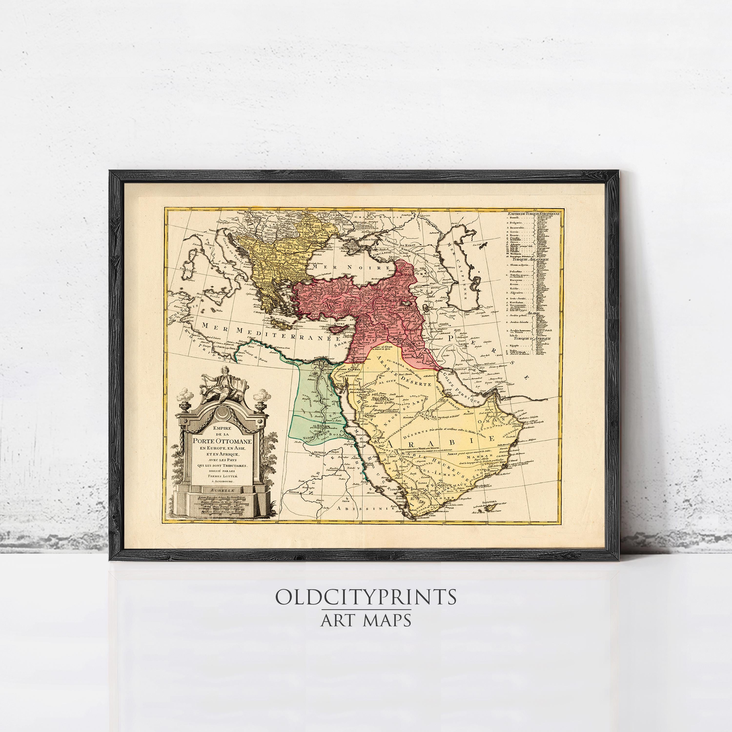 The image is a framed antique map of the Middle East and North Africa, depicting the region in a vintage style.