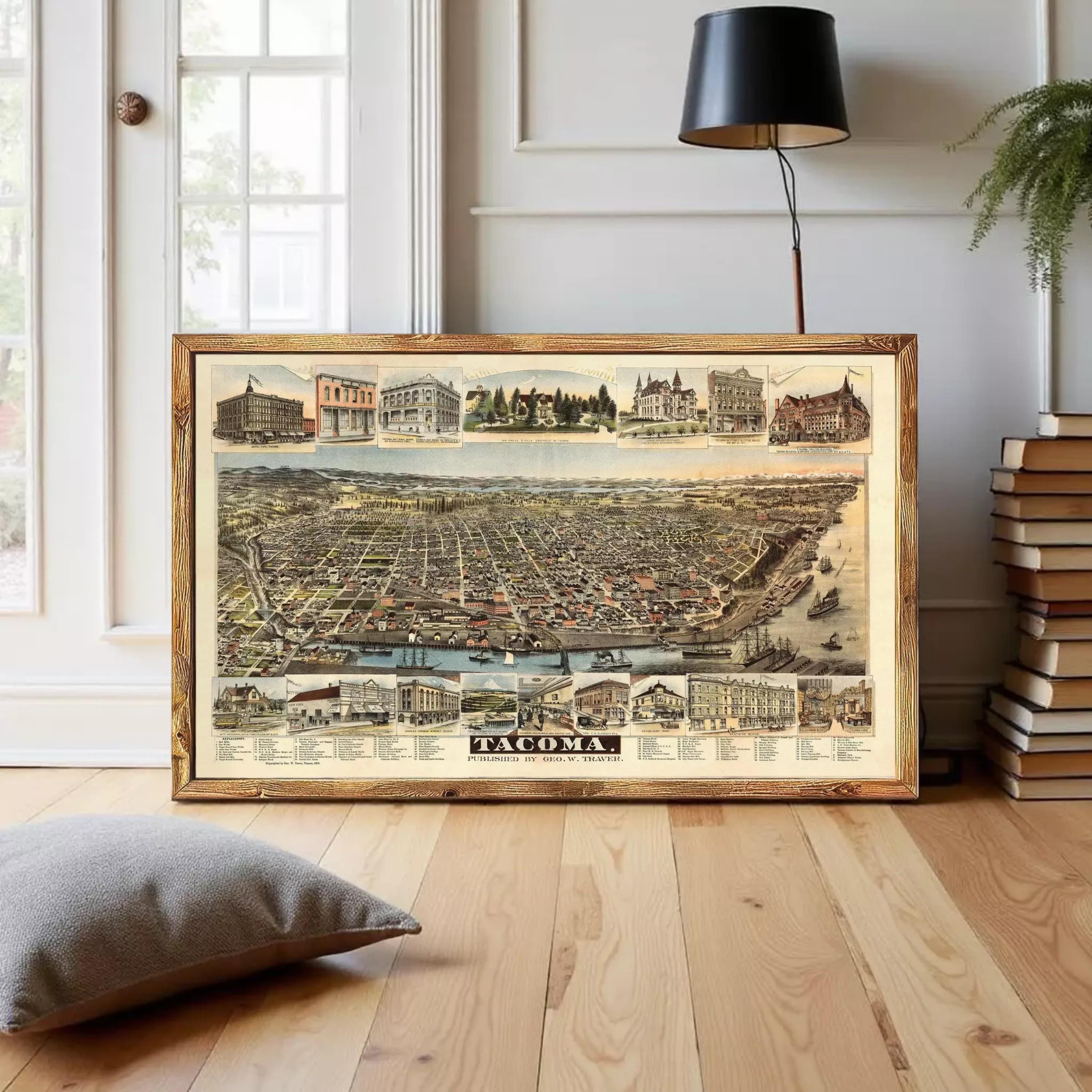The image is a framed vintage map of Tacoma, Washington, depicting various buildings and landmarks across the city.