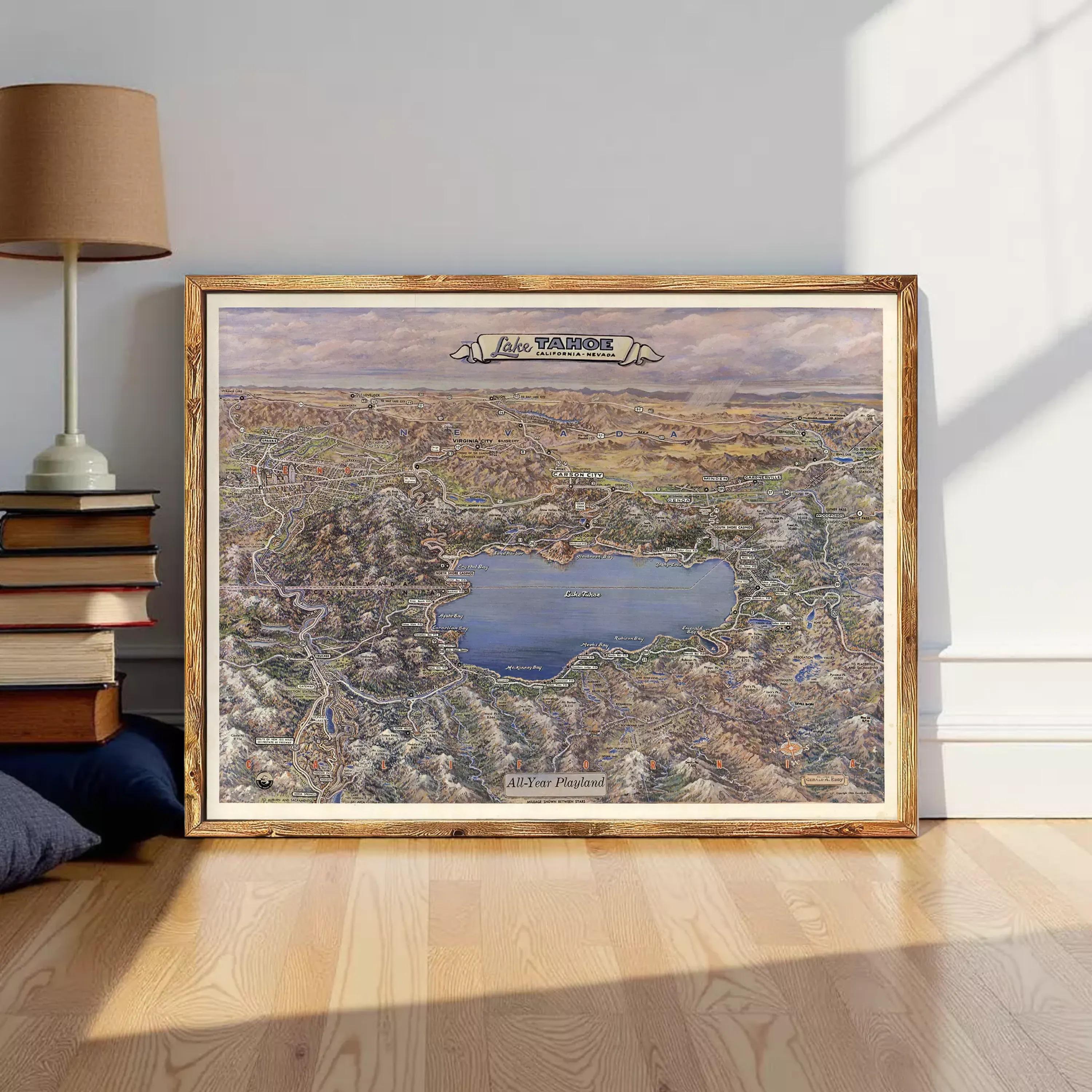The image is a framed map of Lake Tana, which is a large lake located in Ethiopia. The map provides a detailed view of the surrounding landscape, including the lake itself and the surrounding terrain.