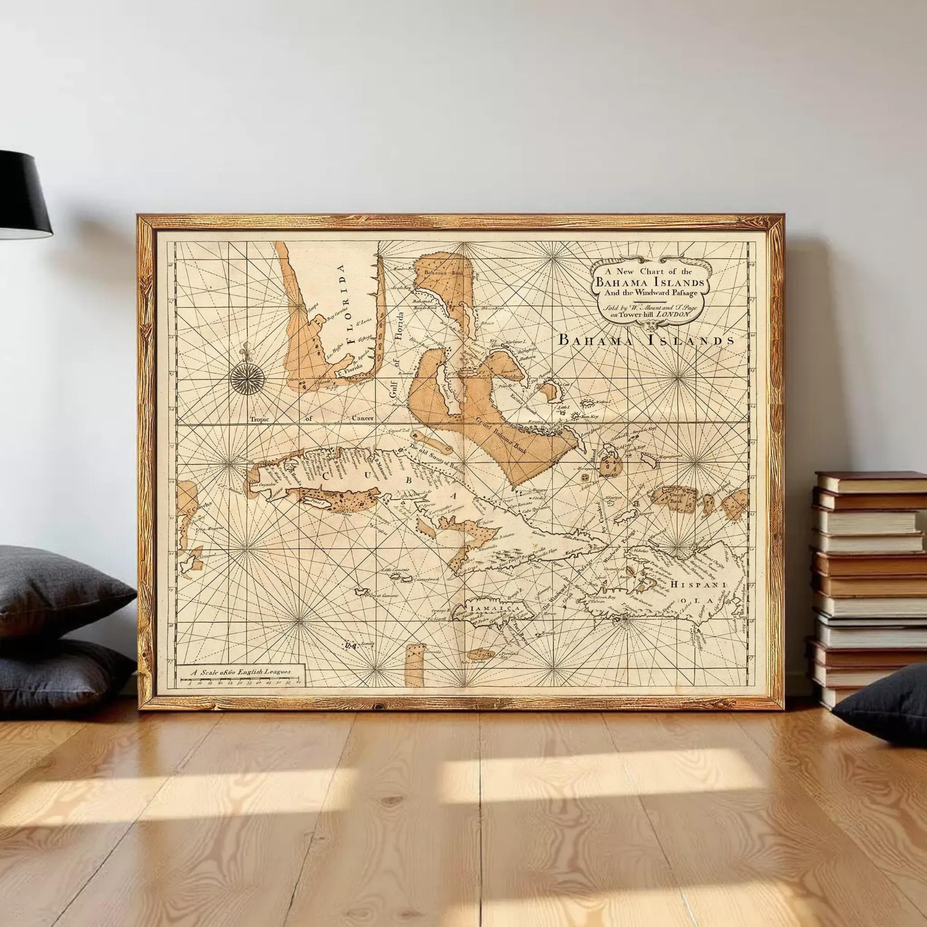 The image is a framed antique map of the Caribbean region, depicting the Bahamas Islands and surrounding areas.