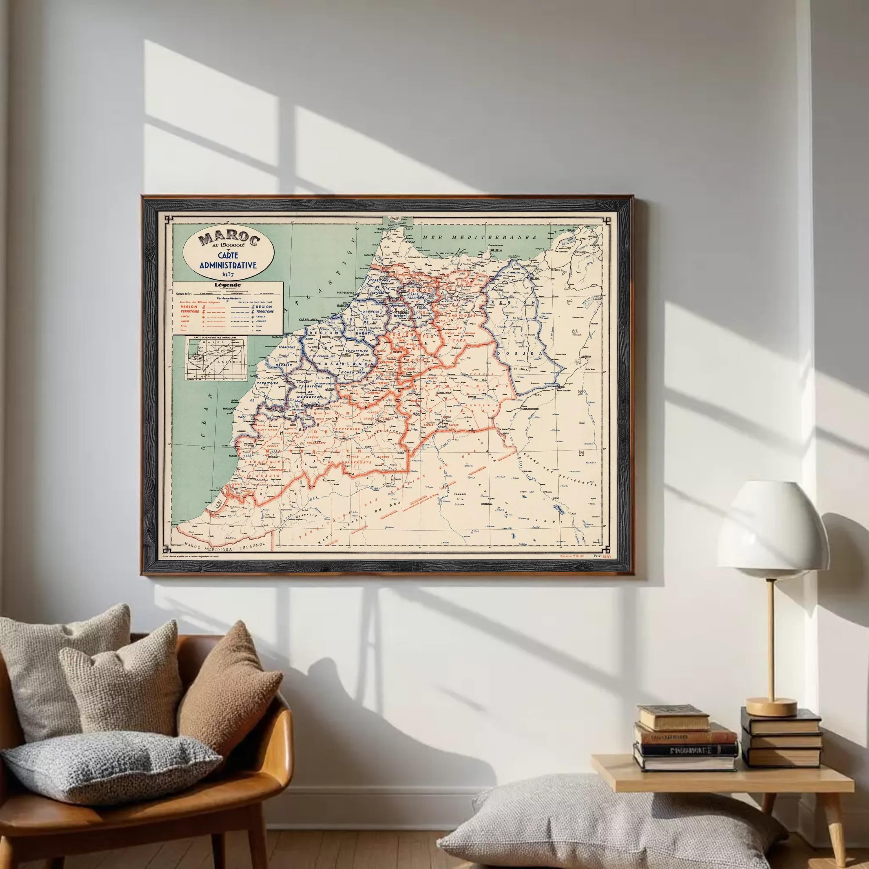 The image is a framed map of Morocco, showing the country's administrative divisions and surrounding regions.