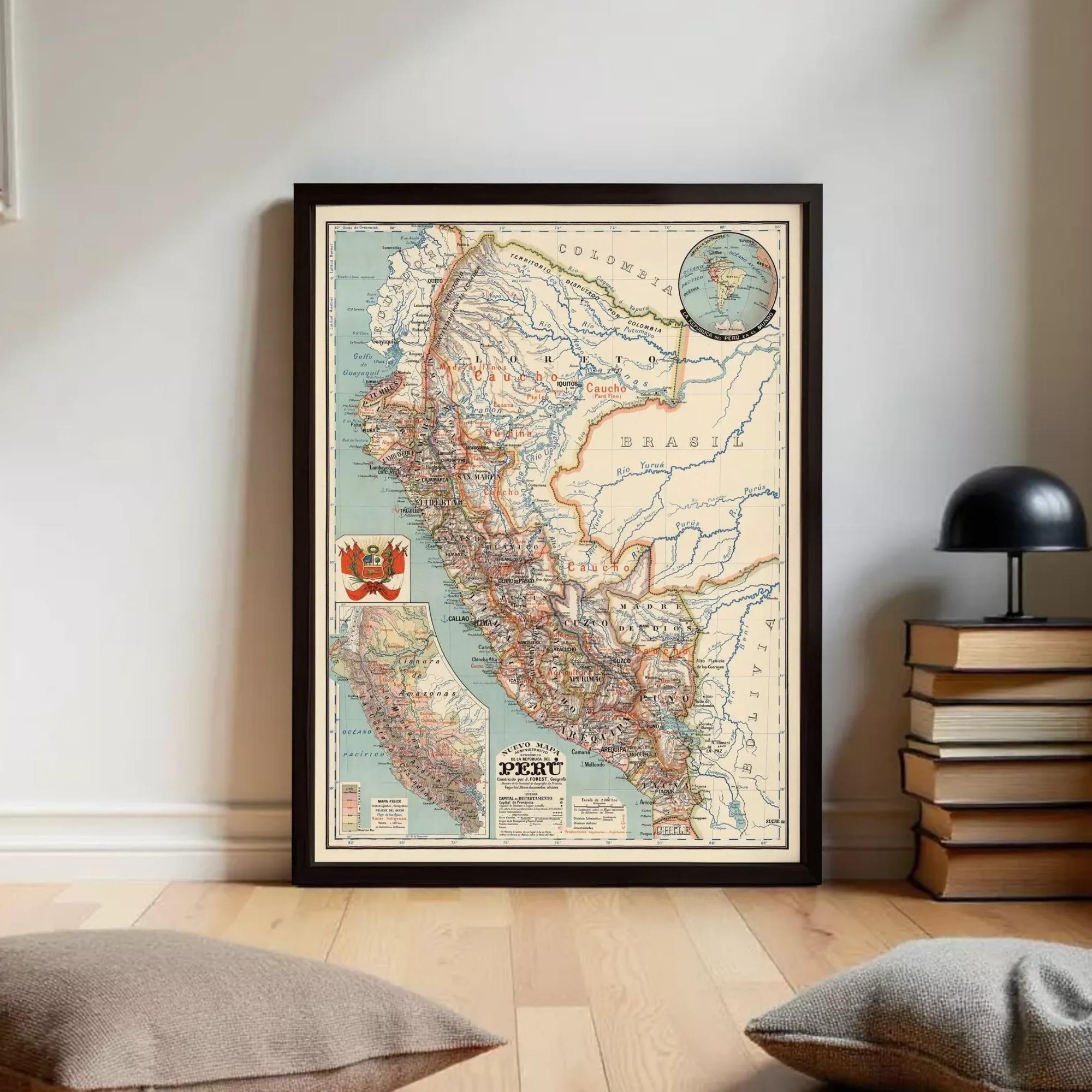 The image is a framed vintage map of South America, specifically Peru, with a detailed and colorful depiction of the country's geography and borders.