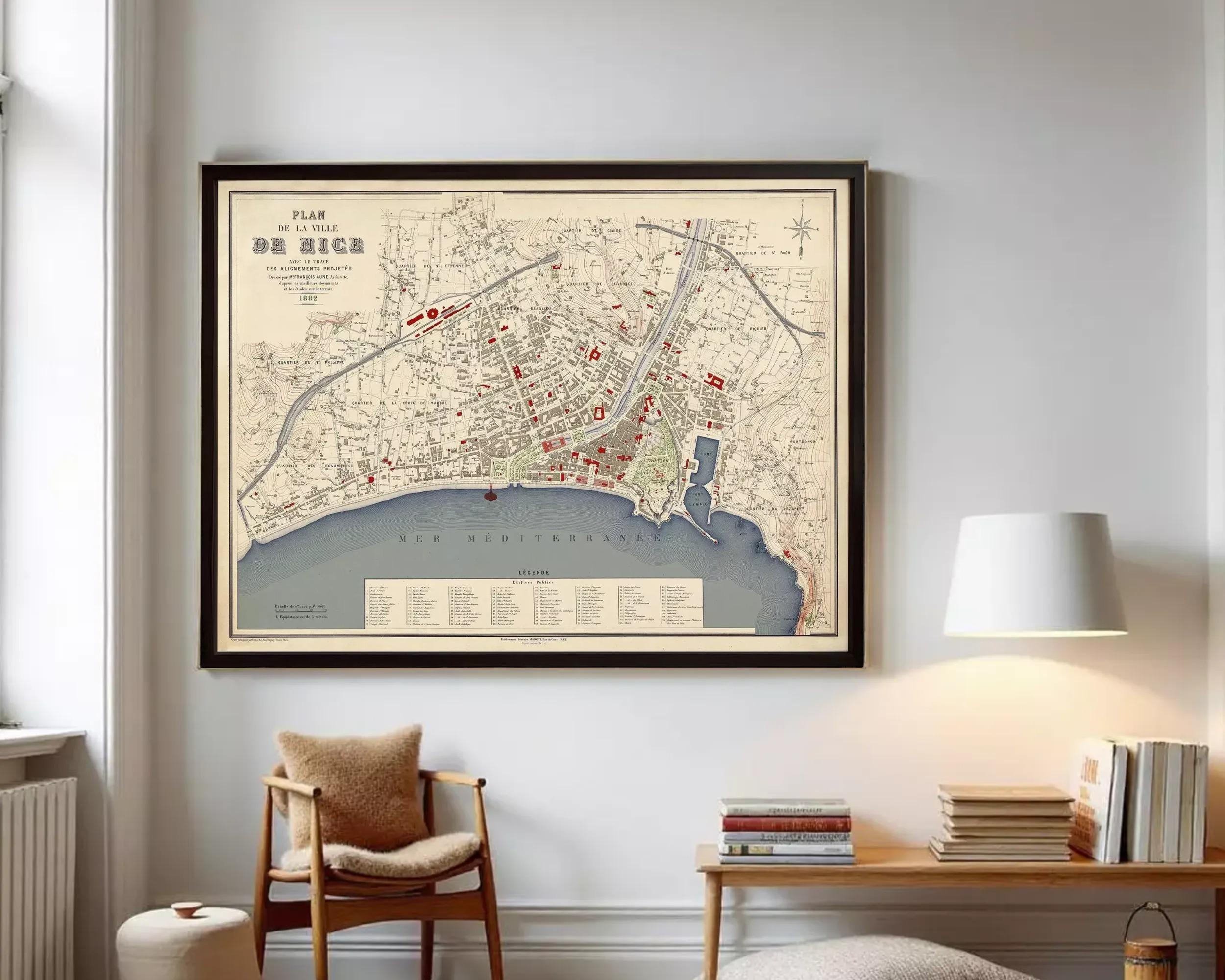 The image is a framed map of a city, likely a coastal city, with various streets, landmarks, and bodies of water depicted.