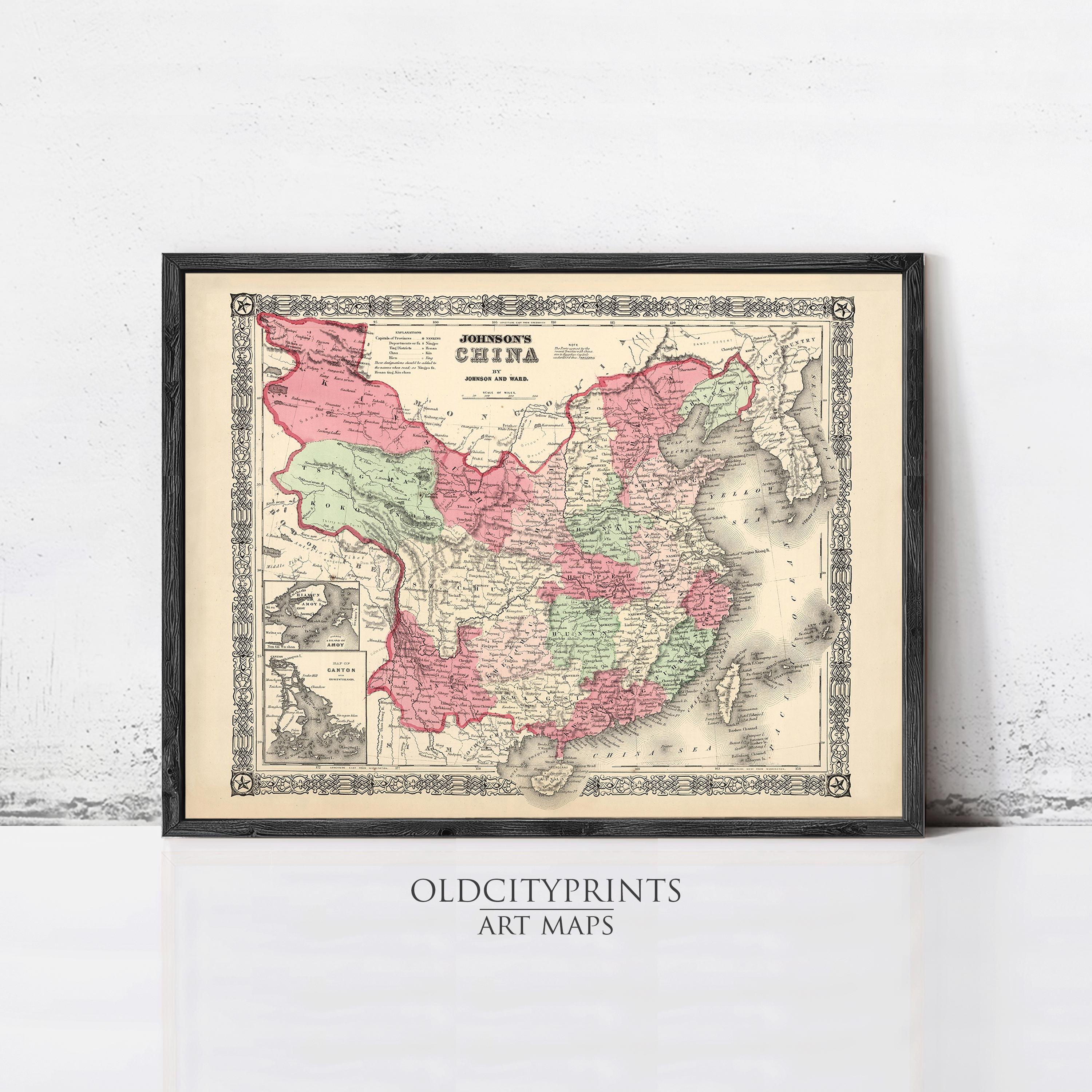 The image is a framed antique map of China, featuring detailed illustrations and labels.