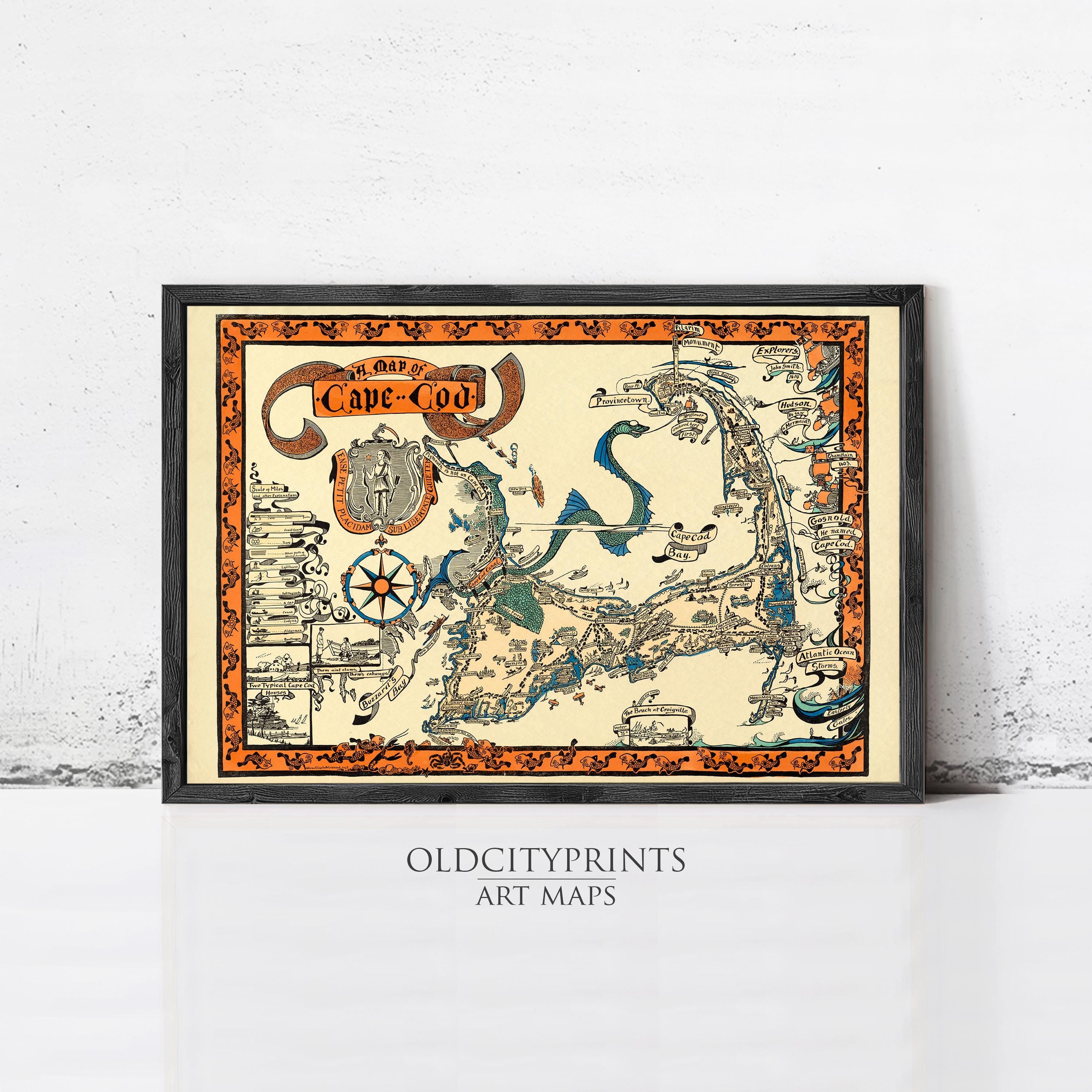 The image is a framed vintage map of Cape Cod, Massachusetts, depicting the area in a detailed and colorful manner.