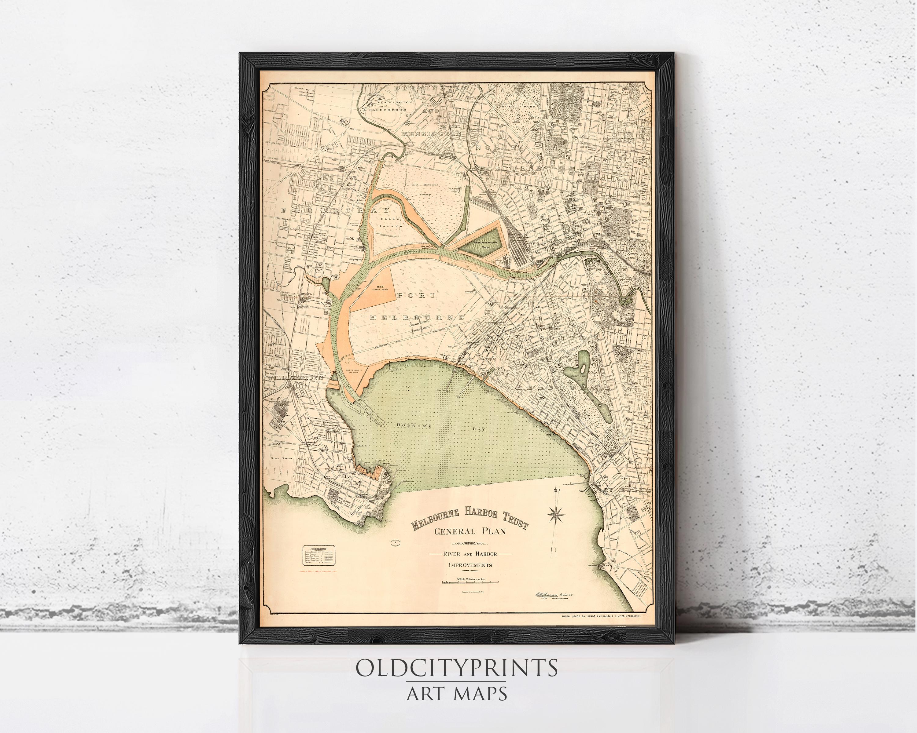 The image is a framed vintage map of Melbourne, Australia, depicting the city's general plan.