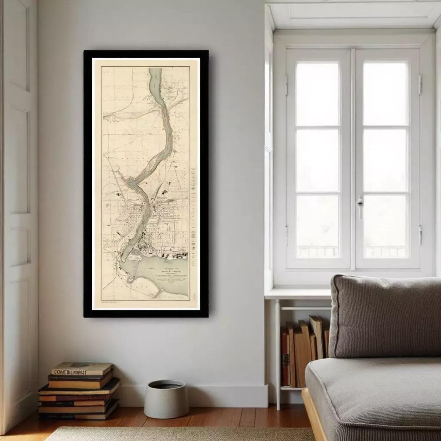 The image is a framed map of a river or waterway, with various locations and landmarks marked on it.