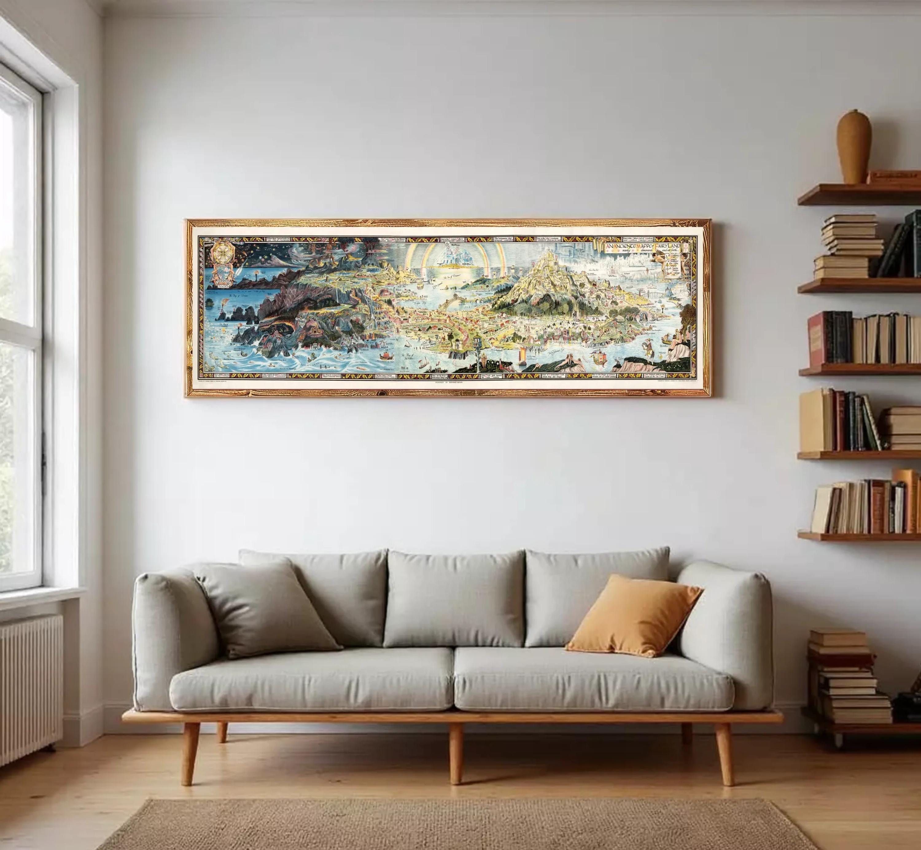 A large, ornate, and intricately detailed painting of a cityscape, displayed in a gold frame, is leaning against a white wall.