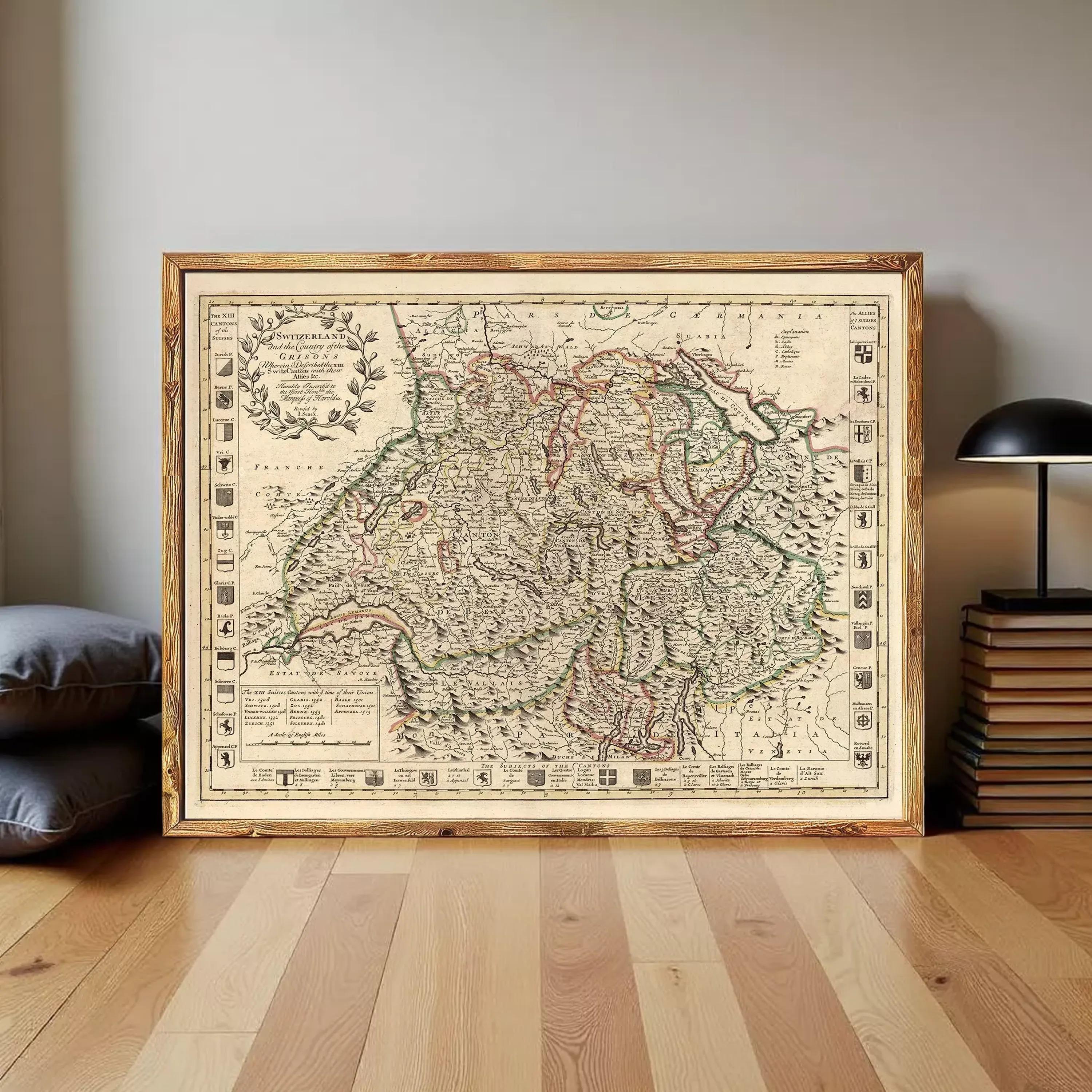 The image is a framed antique map of Europe, featuring detailed geographical information and various symbols and labels.