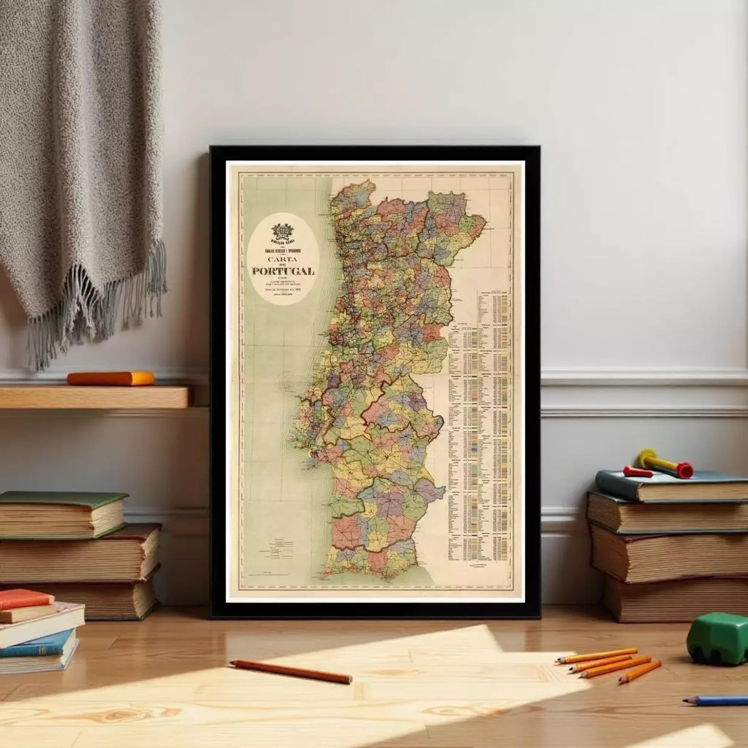 a framed map of Portugal, with a variety of colors and detailed geographical information.