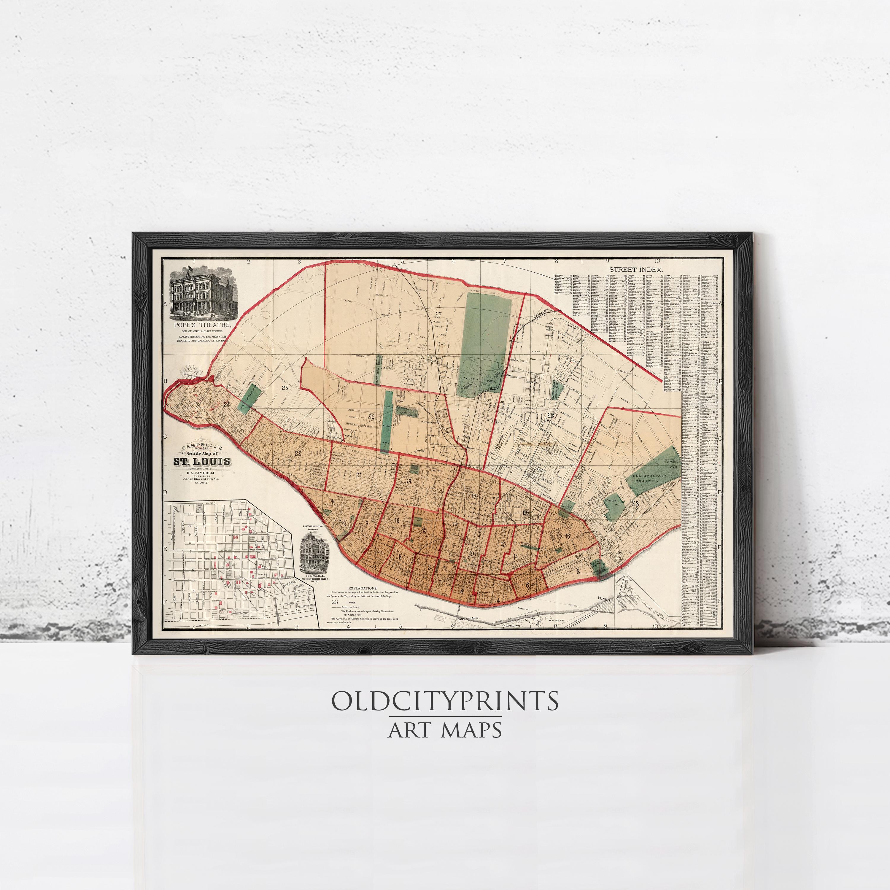 The image is a framed vintage map of St. Louis, Missouri, depicting the city's layout and streets.