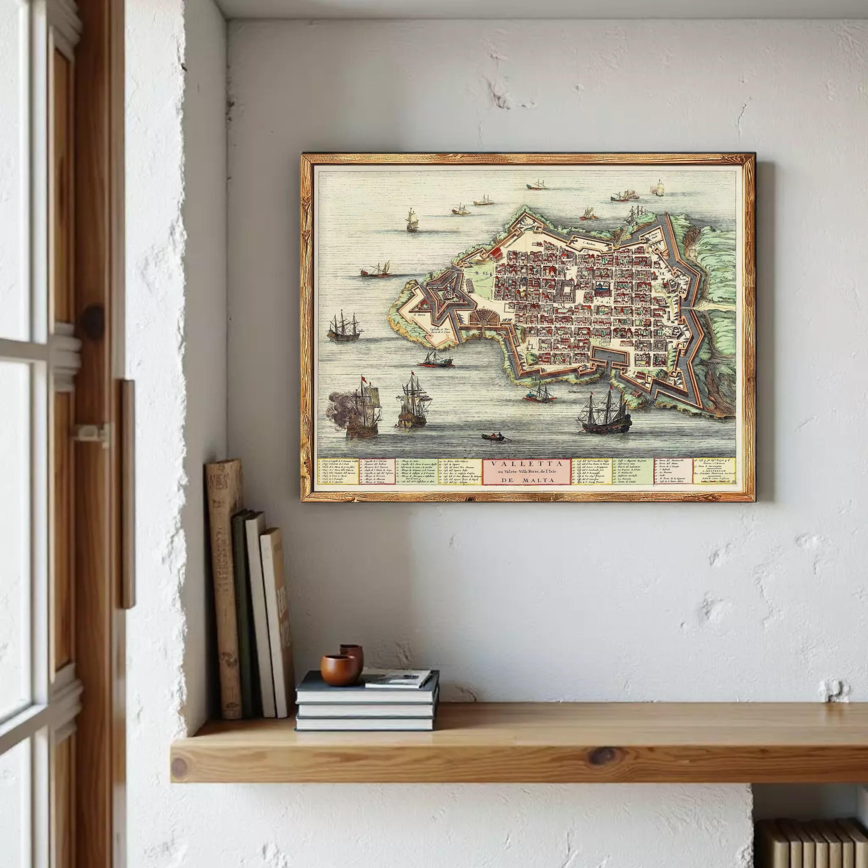 The image is a framed vintage map of a coastal city, depicting various ships and boats in the surrounding waters.