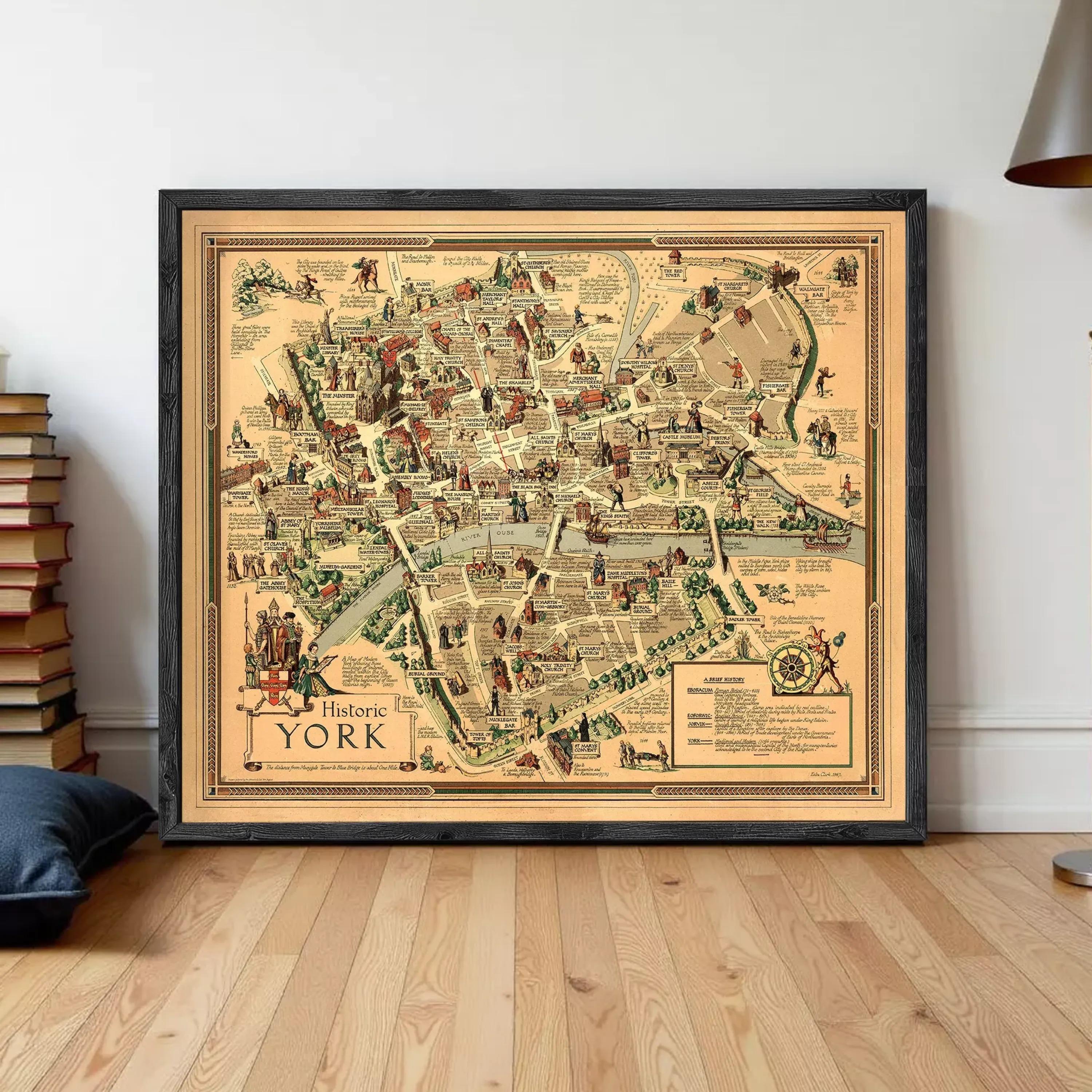 The image is a framed vintage map of historic York, England, depicting various landmarks and locations within the city.