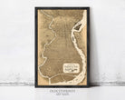 The image is a framed antique map of Philadelphia, Pennsylvania, depicting the city's streets and surrounding areas.