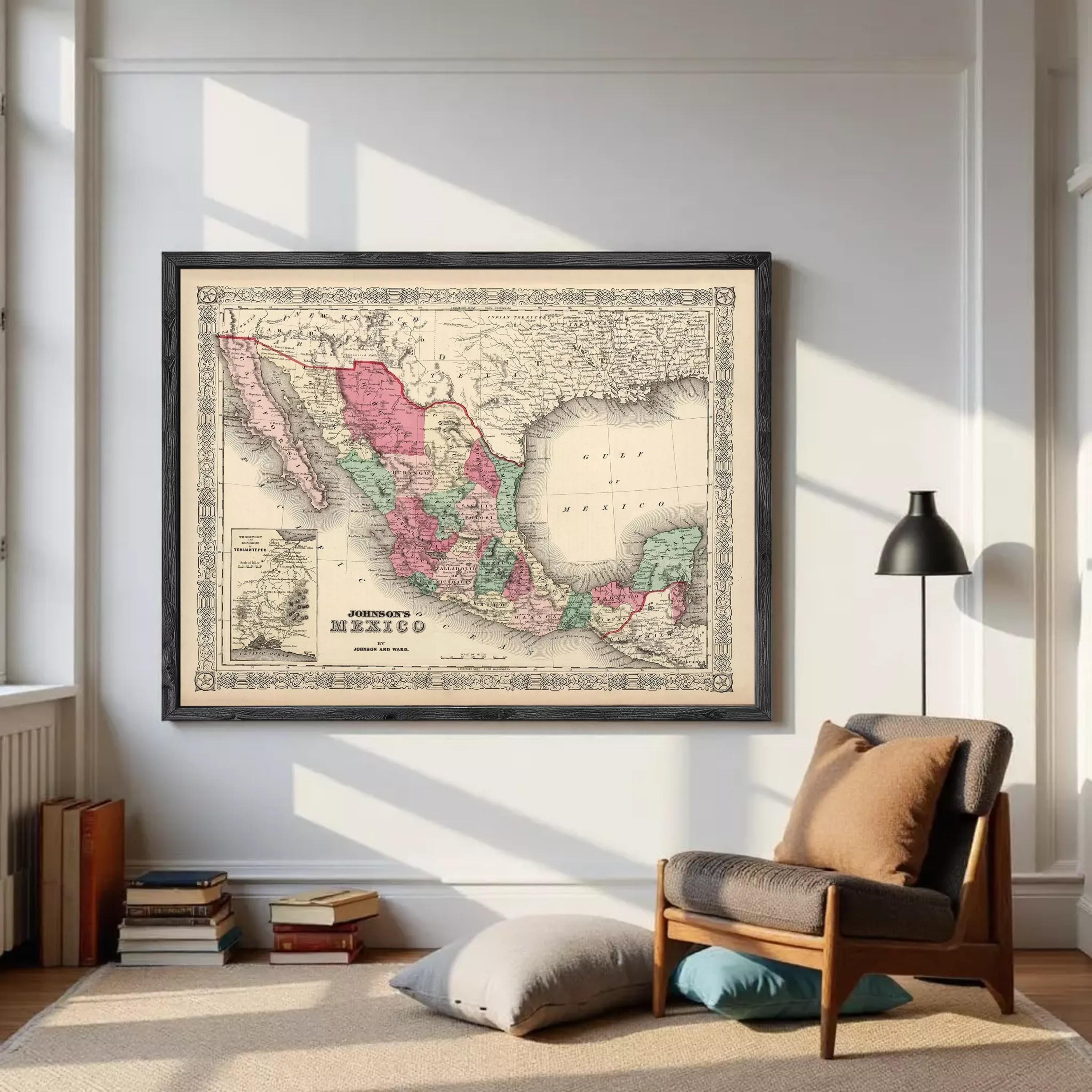 The image is a framed vintage map of Mexico, depicting the country's geographical layout and boundaries.